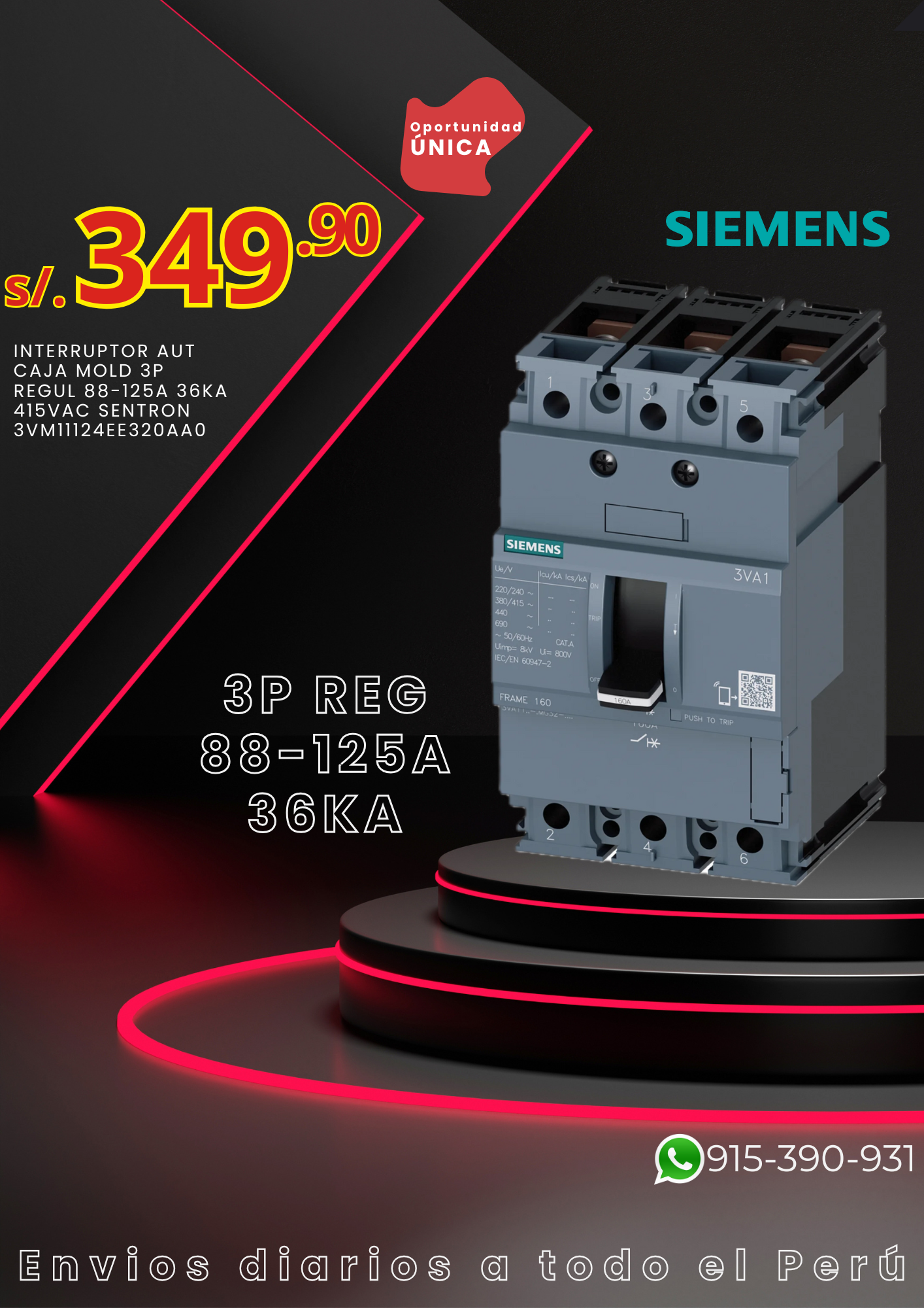 INT. AUT CAJA MOLD 3P REGUL 88-125A 36KA 415VAC SENTRON 3VM11124EE320AA0