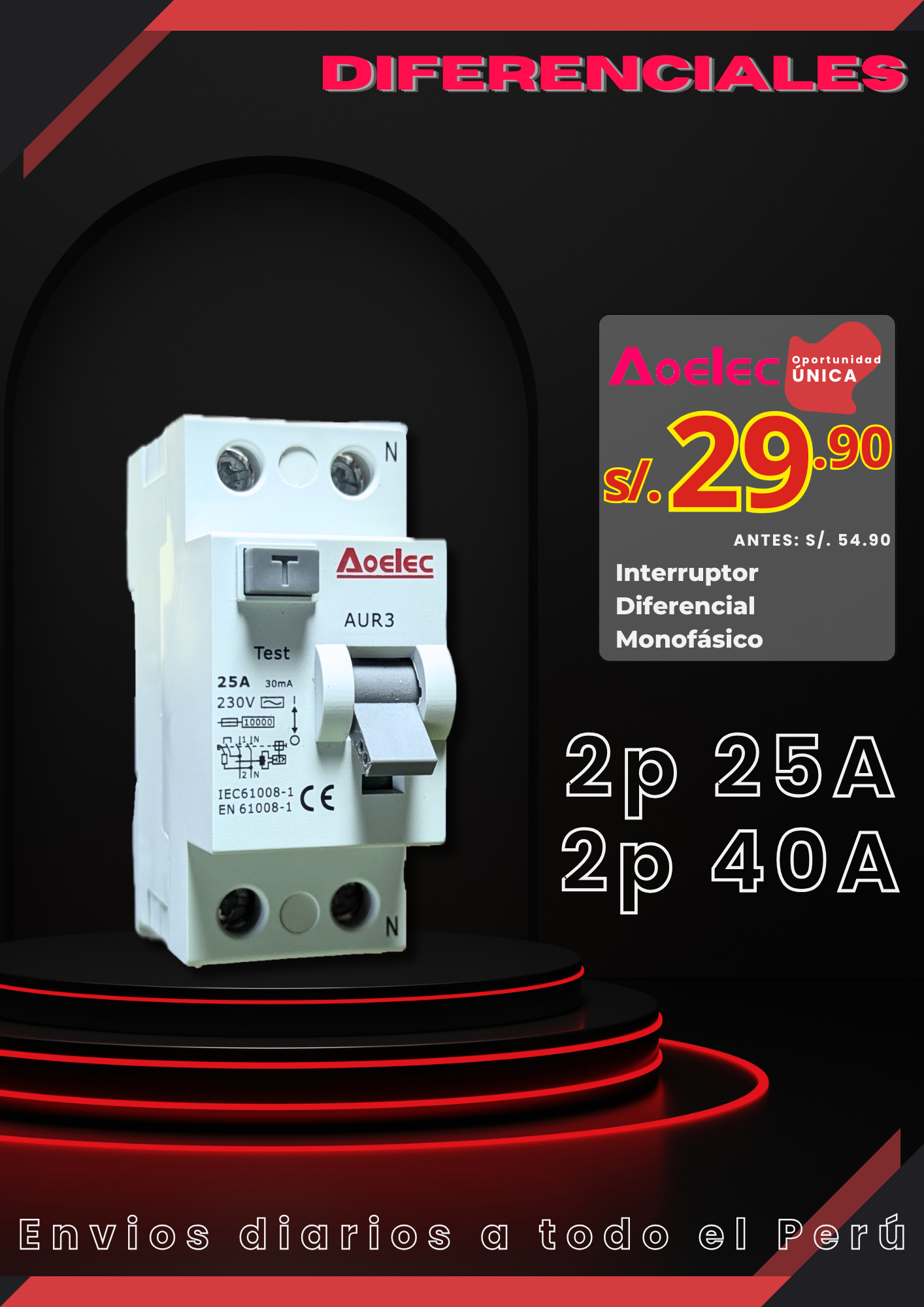 Int. Diferencial 2P 25A o 40A 230Vac 30Ma T. Ac