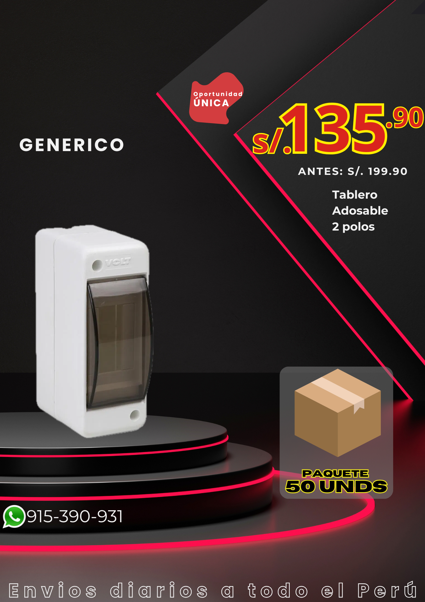 Tablero adosable o empotrable de 2 polos - Pack 50 unds