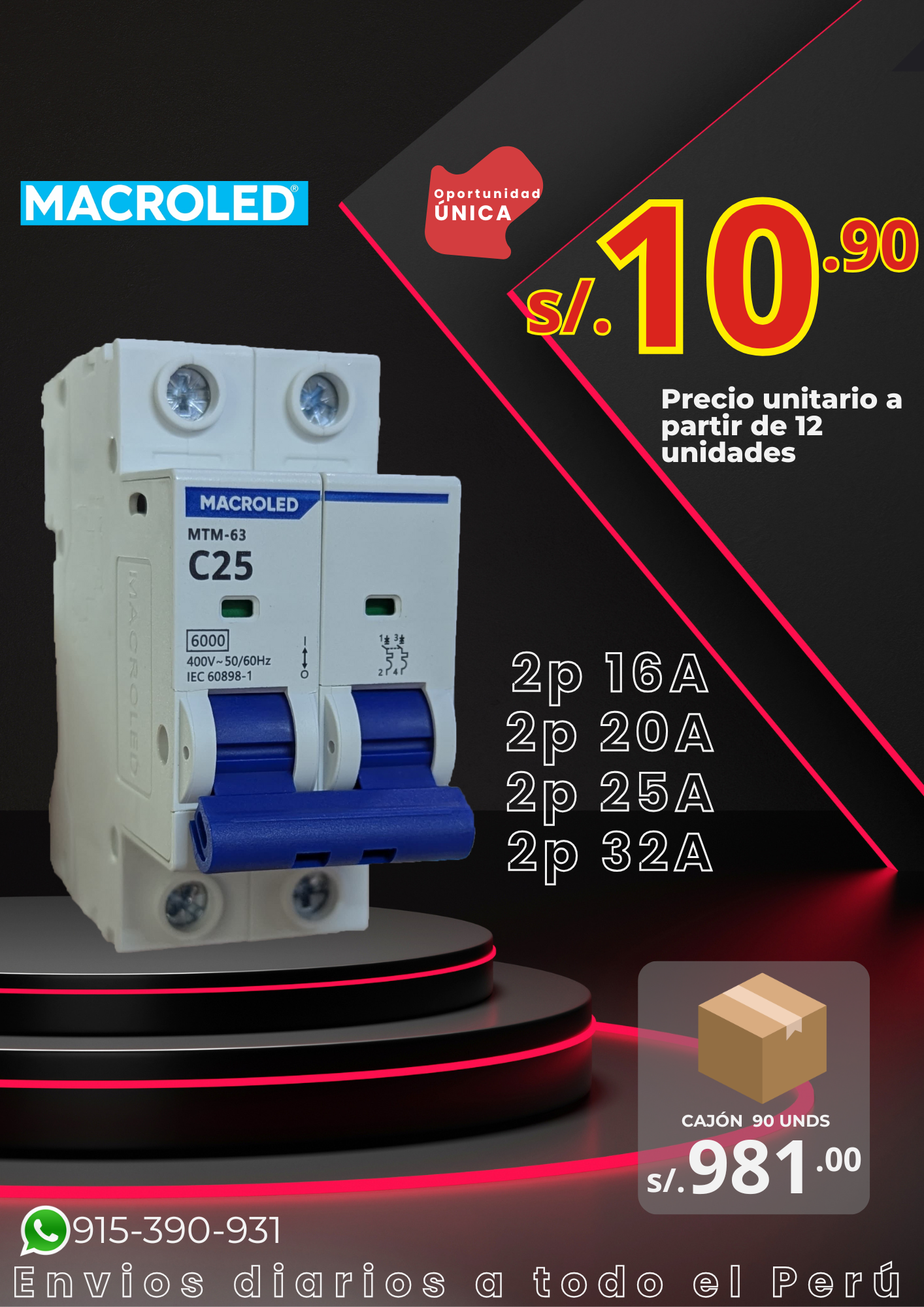 Int. Aut. Termomagnetico Para Riel 2P 16A o 20A o 25A o 32A10Ka 230Vac Curva C