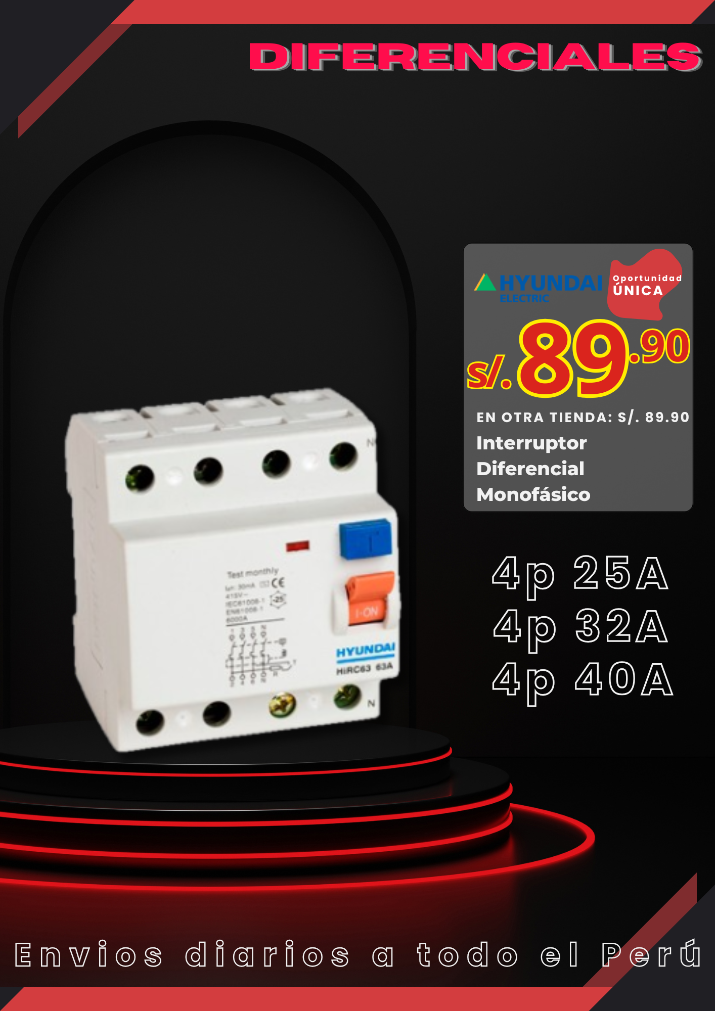 Int. Diferencial 4P 25A o 32A o 40A 230Vac 30Ma T. Ac