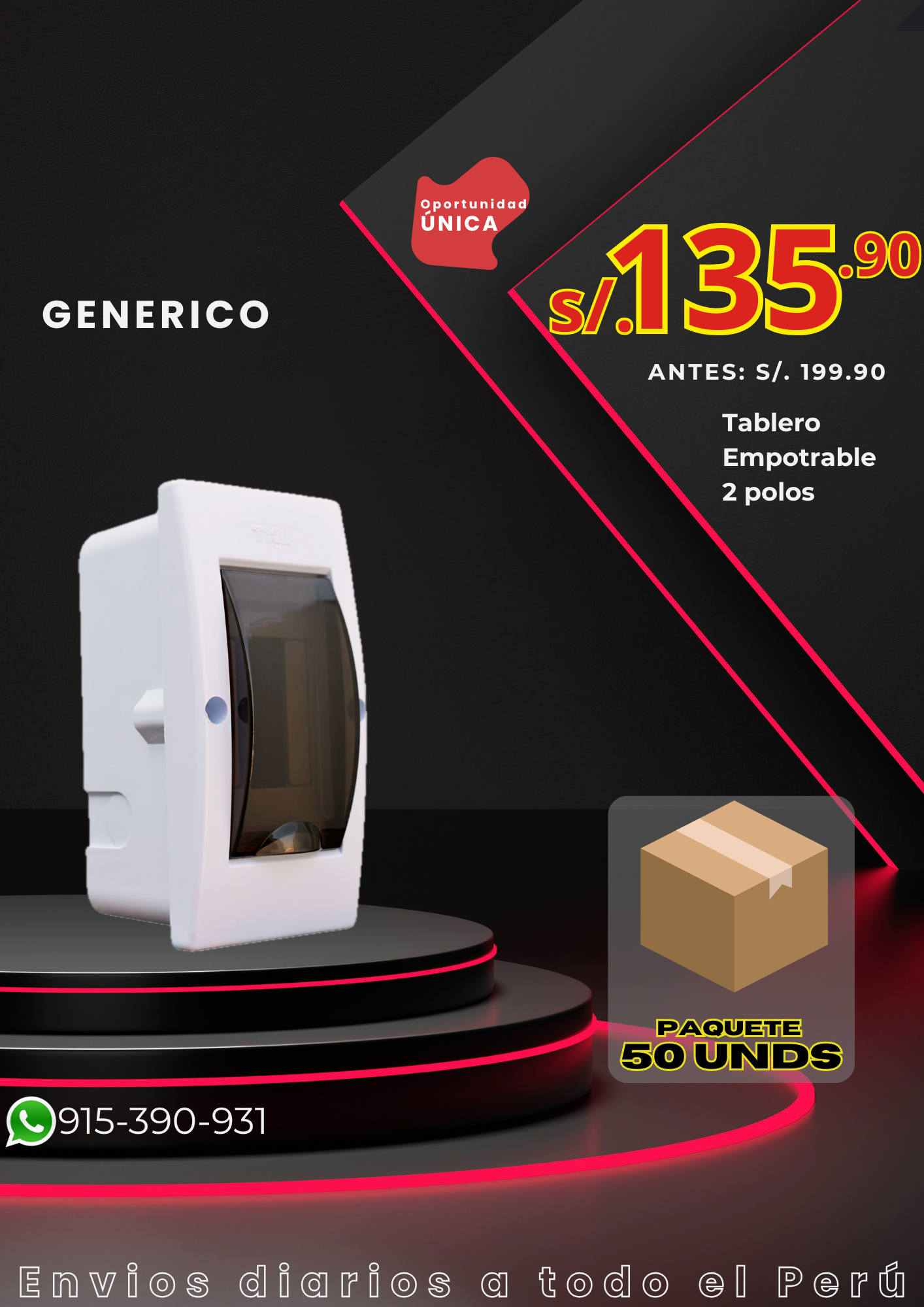 Tablero adosable o empotrable de 2 polos - Pack 50 unds