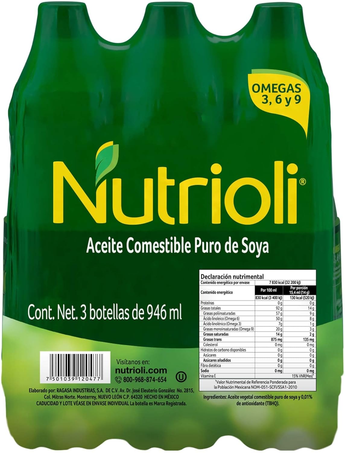 Aceite Puro de Soya Botella 946 ml 3 Pack