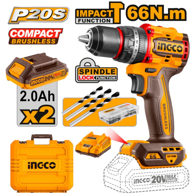 TRAPANO A PERCUSSIONE COMPACT BRUSHLESS 66N.m CON 2 BATTERIE 2Ah