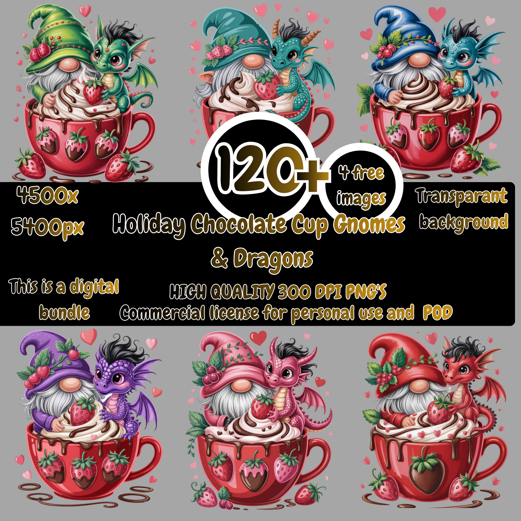Holiday Chocolate Cup Gnomes & Dragons PNG Bundle