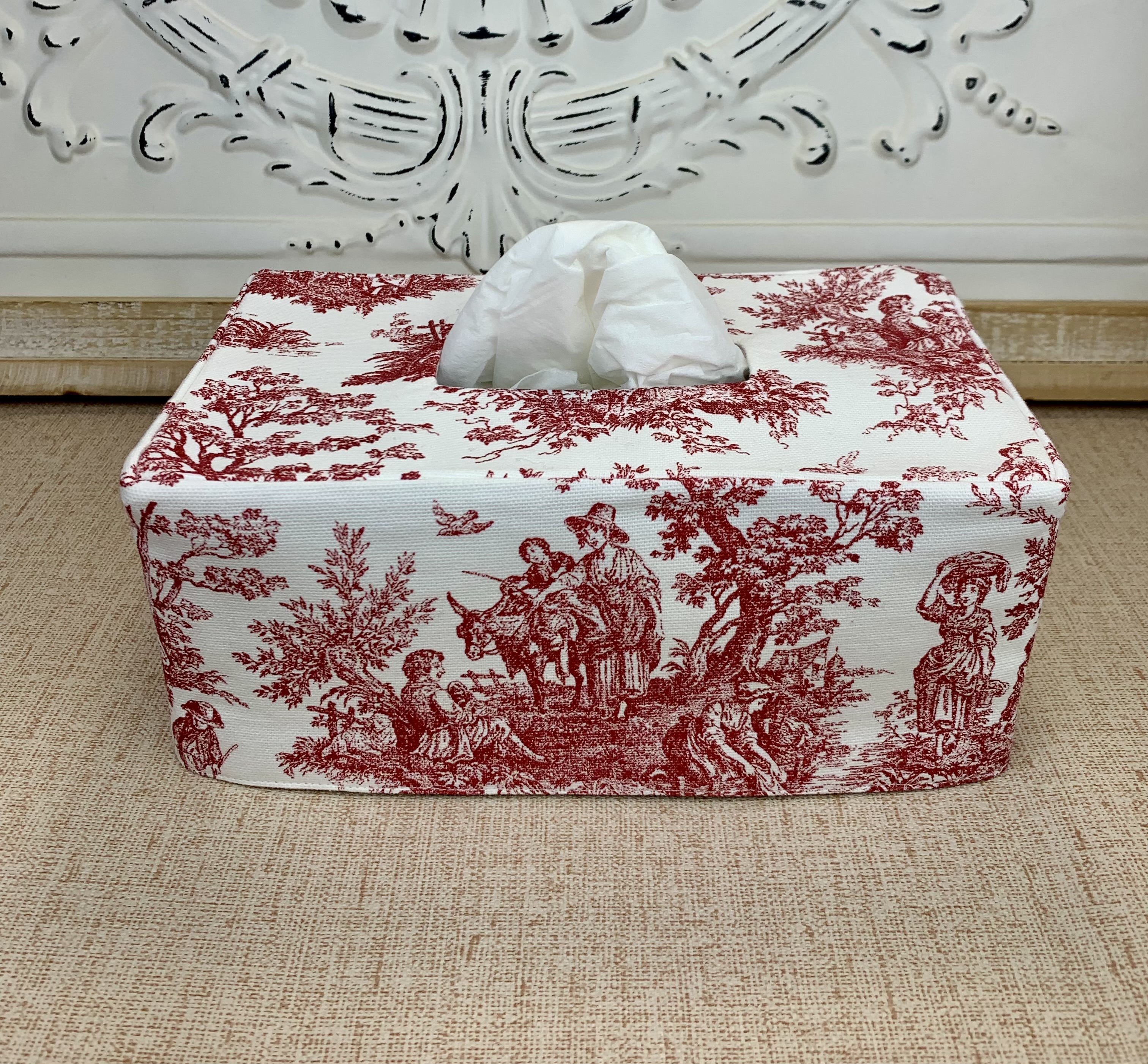 Red and white toile reversible rectangle tissue box cover