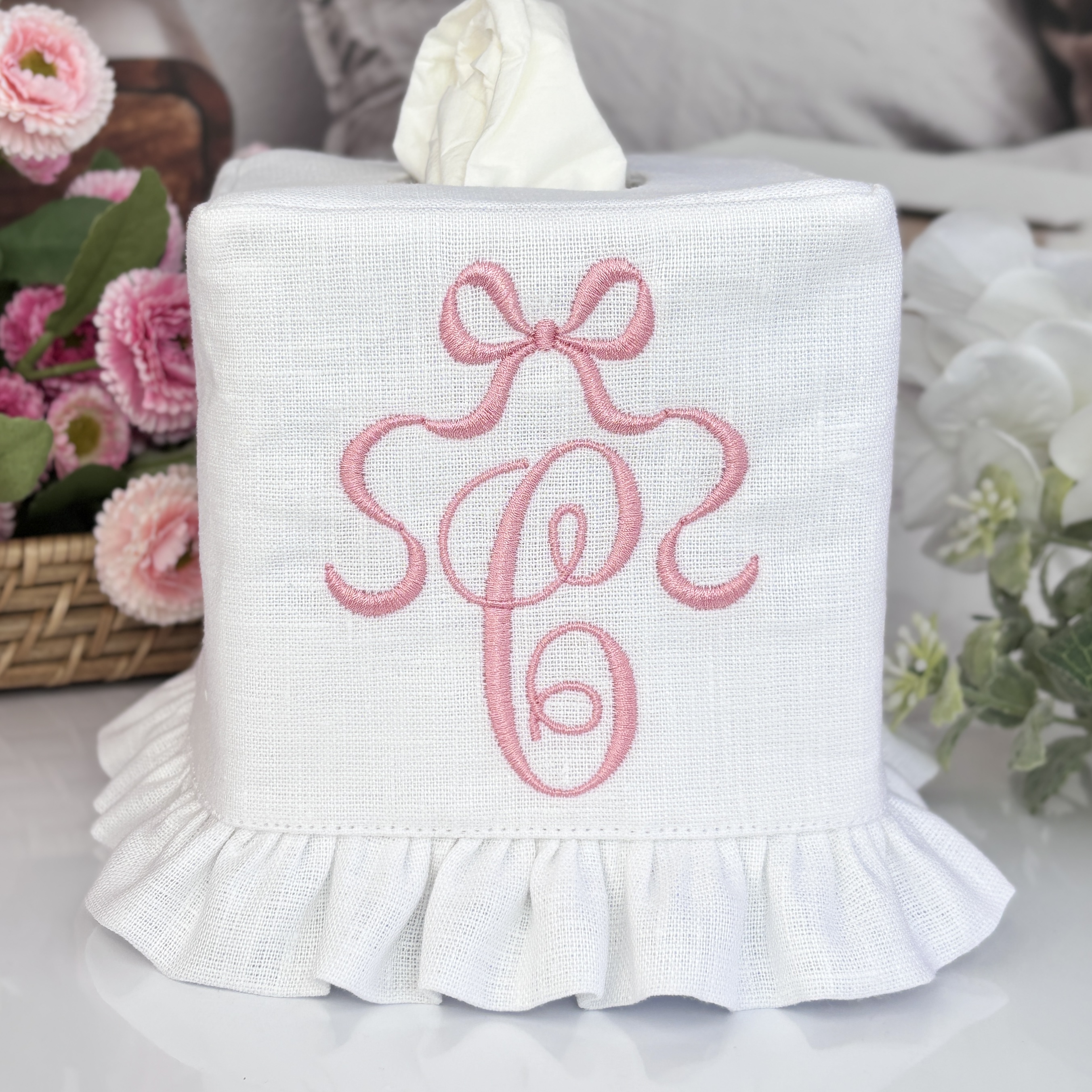 Personalized Linen Tissue Box Cover with Monogram, Ruffle Tissue Holder, Custom Embroidered Initials, Elegant Home Decor