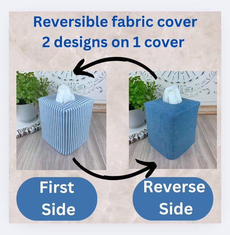 Blue and white stripe cotton reversible tissue box cover
