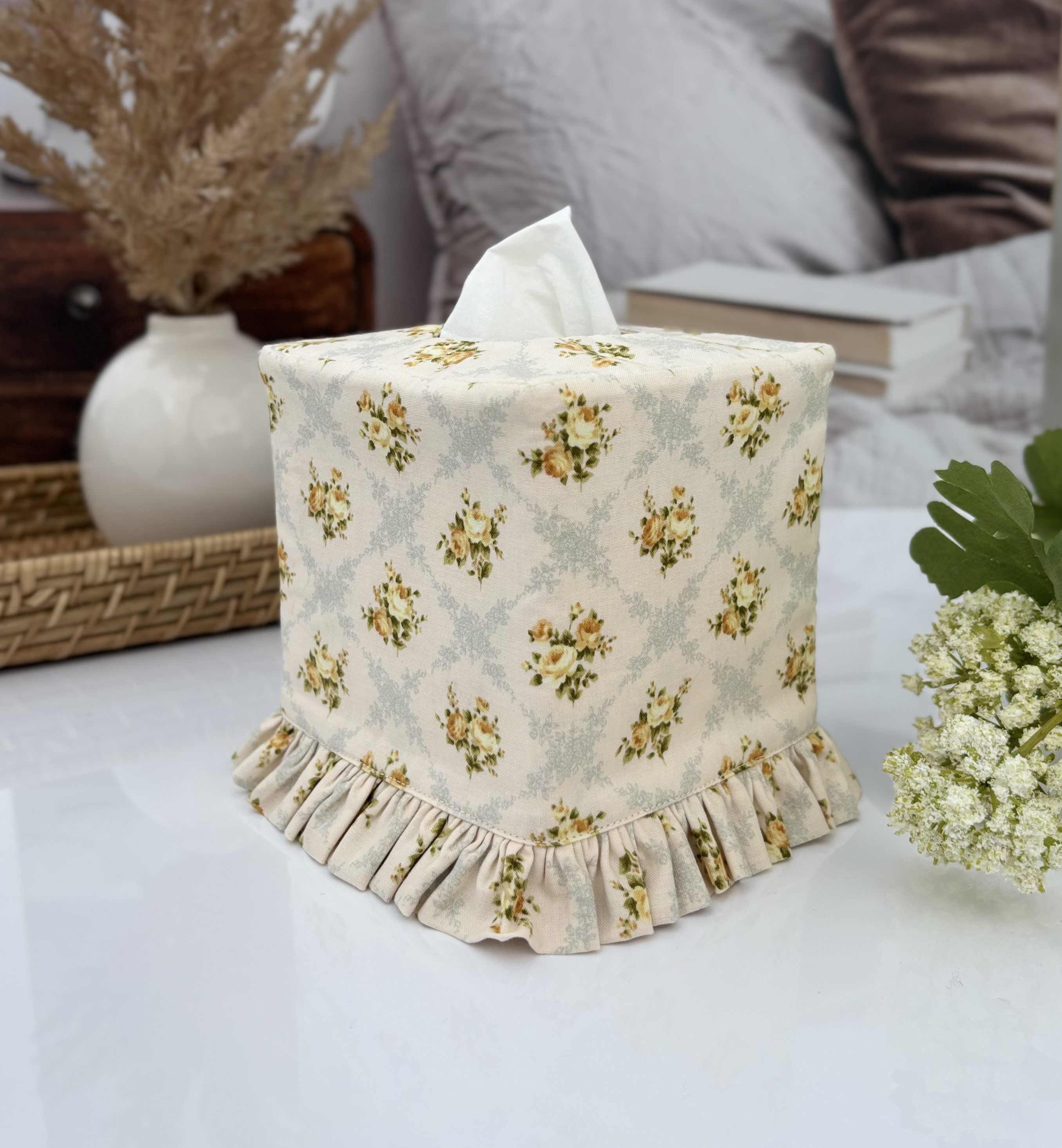 Handmade Shabby Chic Tissue Box Cover with Ruffle – Yellow Roses & Blue Victorian Floral Decor