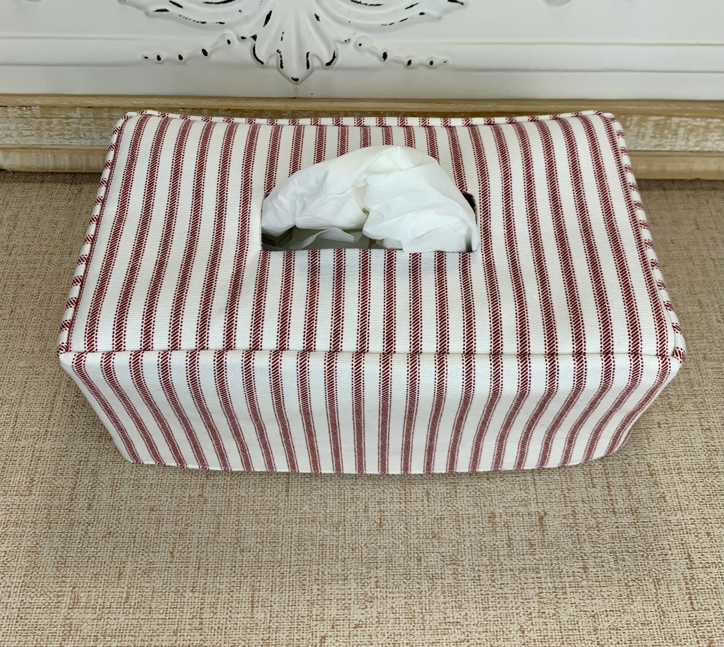 Red and white toile reversible rectangle tissue box cover