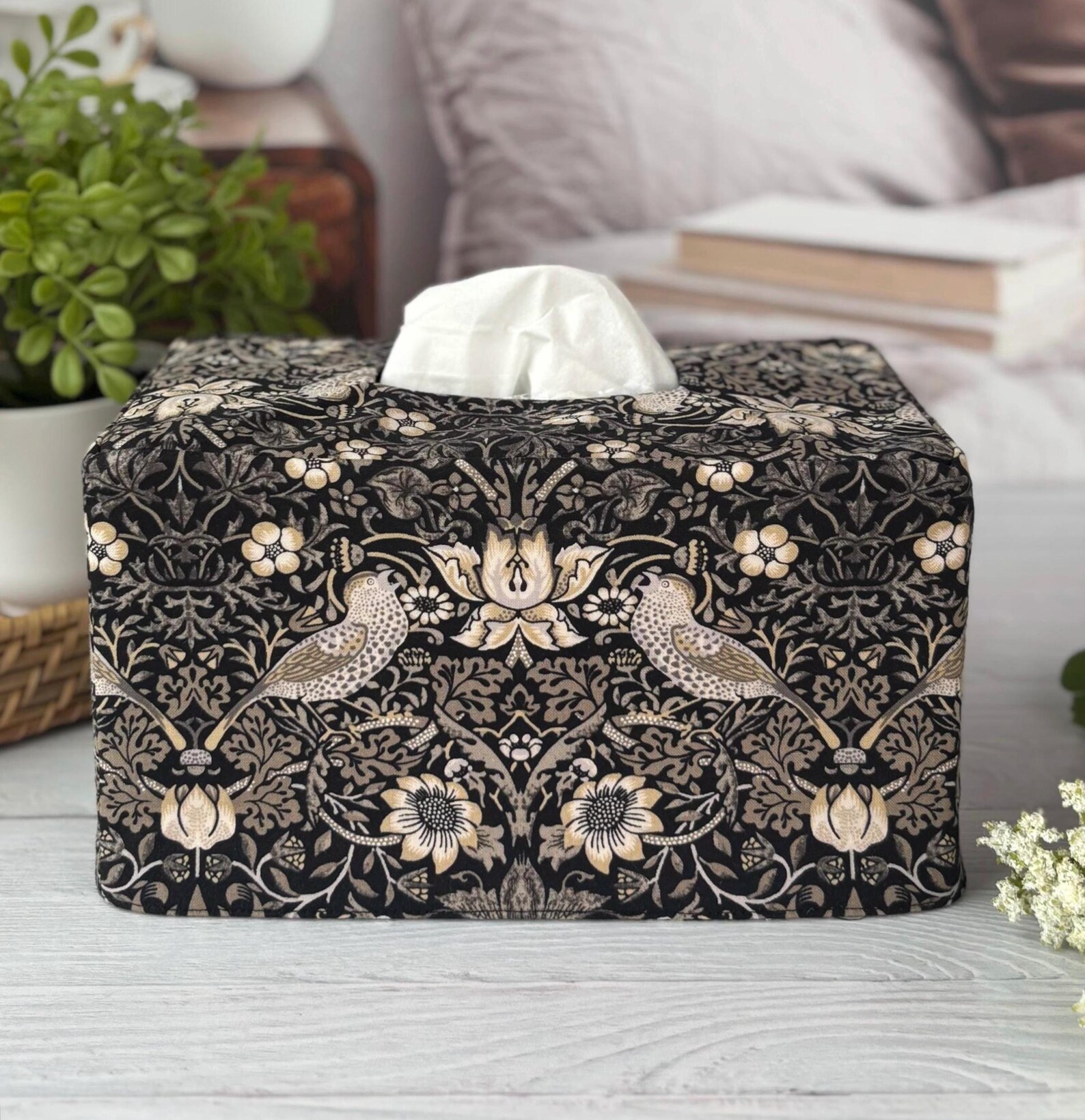 Birds in black reversible rectangle tissue box cover