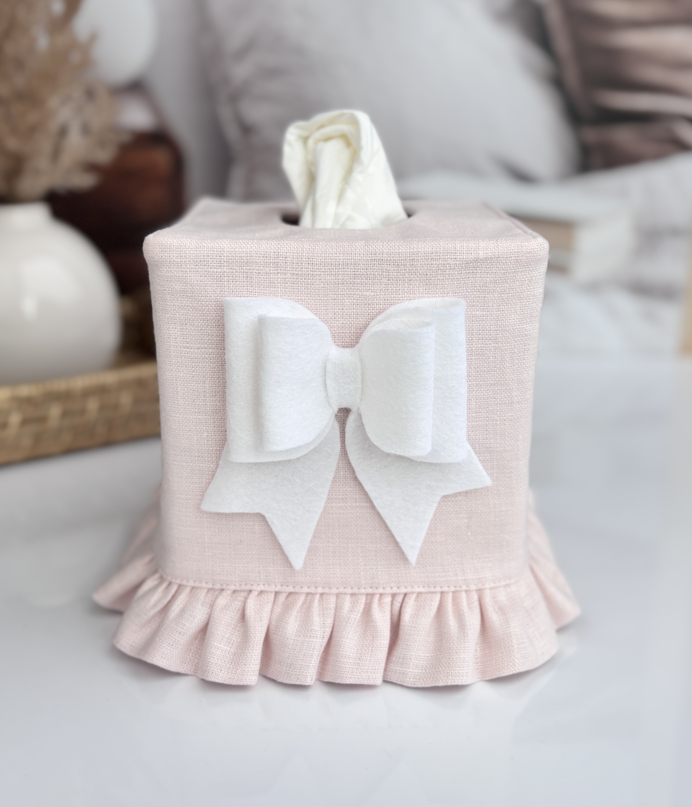 Light Pink Linen Tissue Box Cover with Felt Bow & Ruffle | Handmade Décor