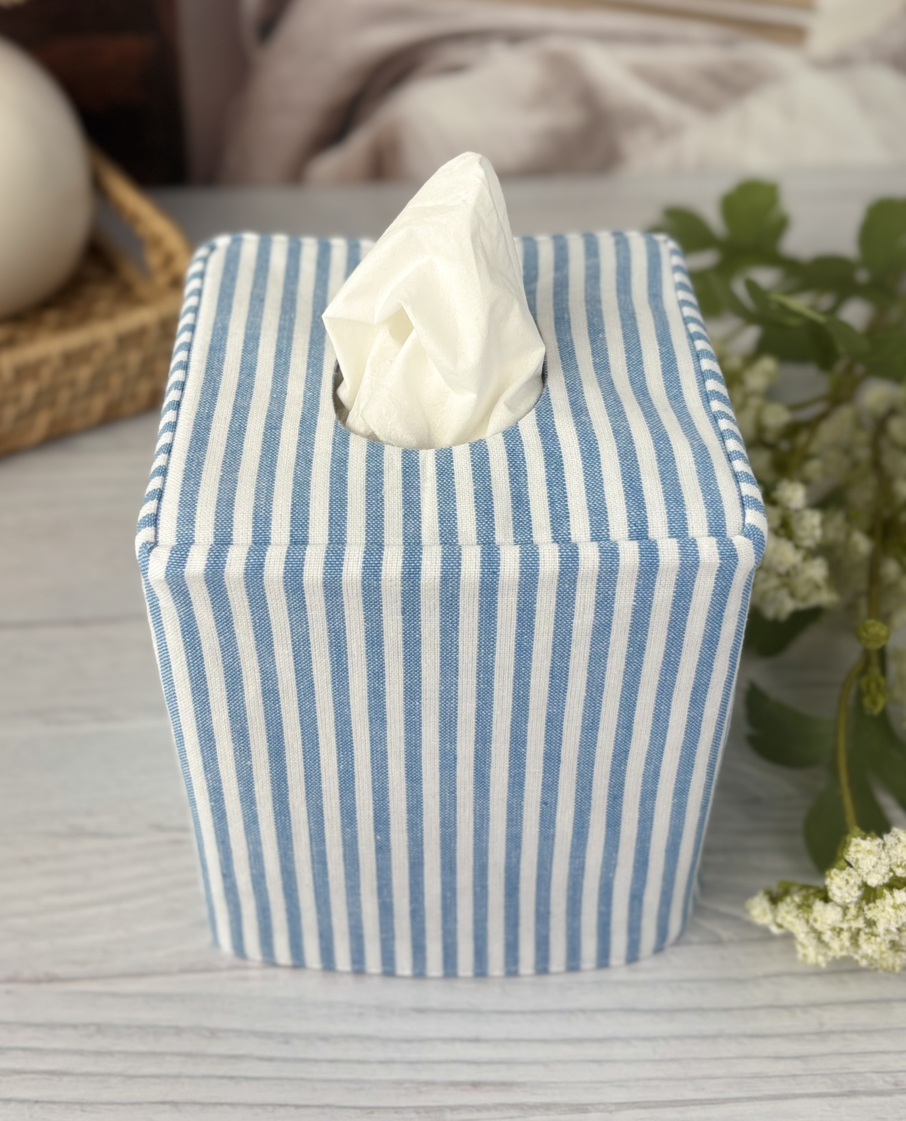 Blue and white stripe cotton reversible tissue box cover
