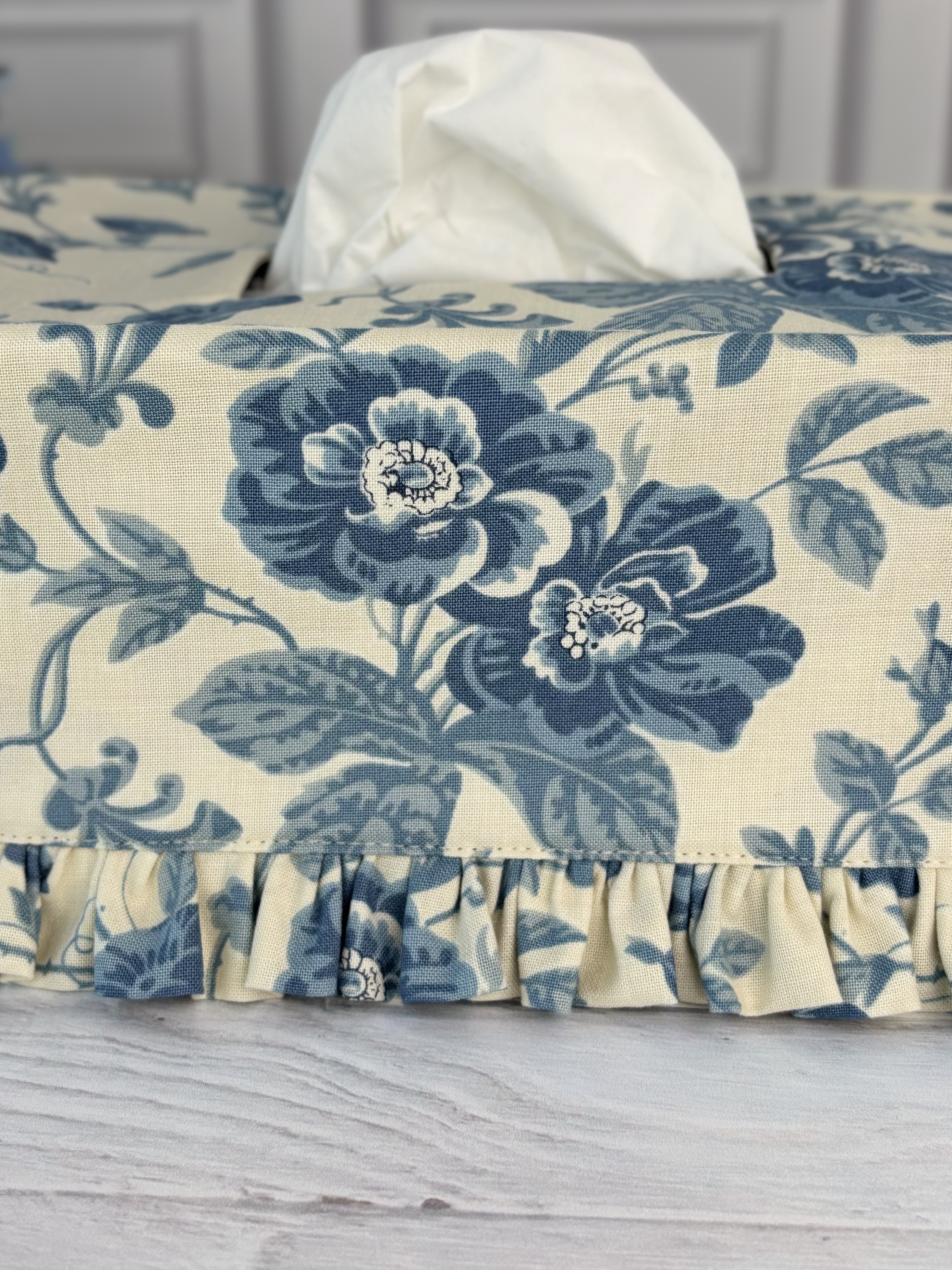 French blue cotton ruffle rectangle tissue box cover