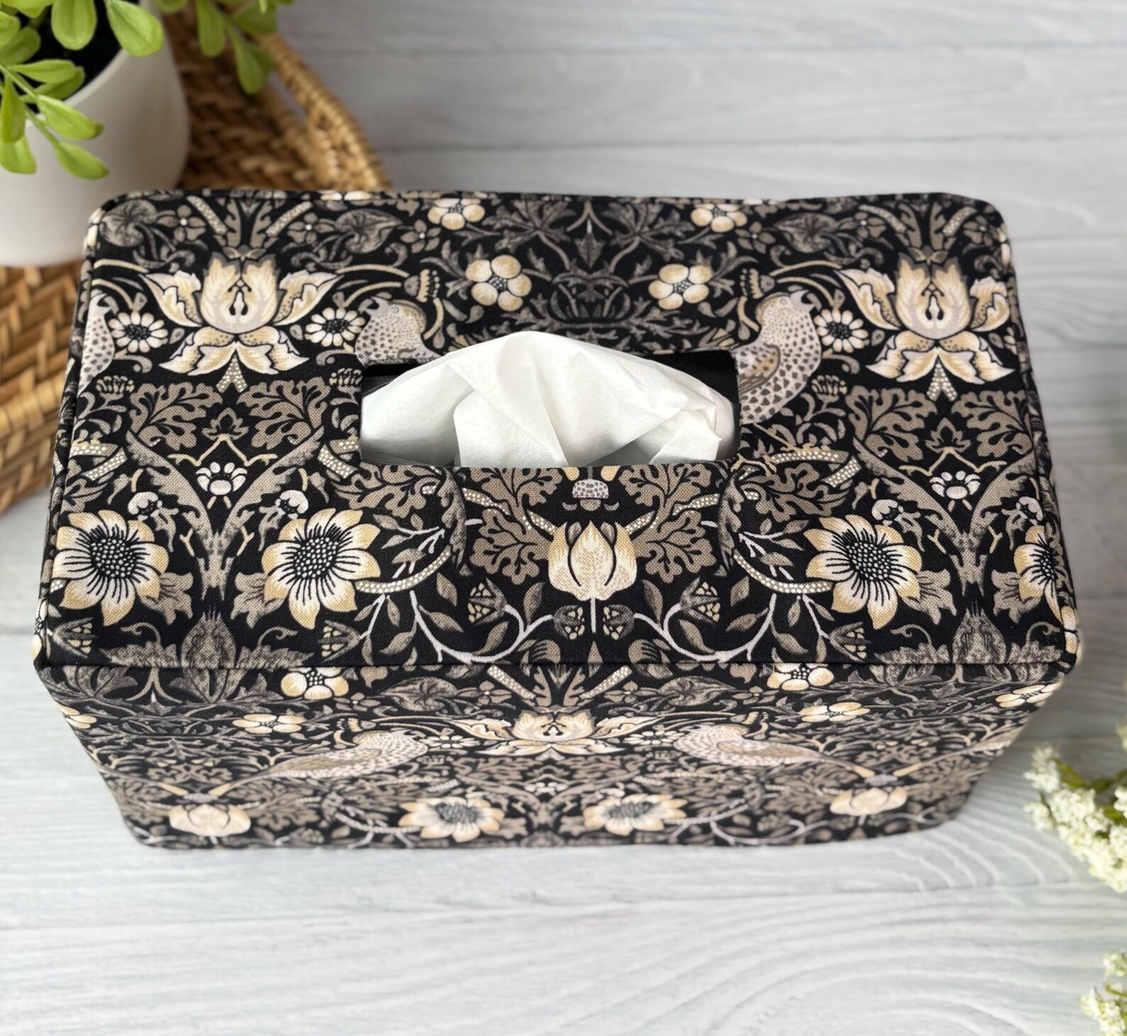 Birds in black reversible rectangle tissue box cover
