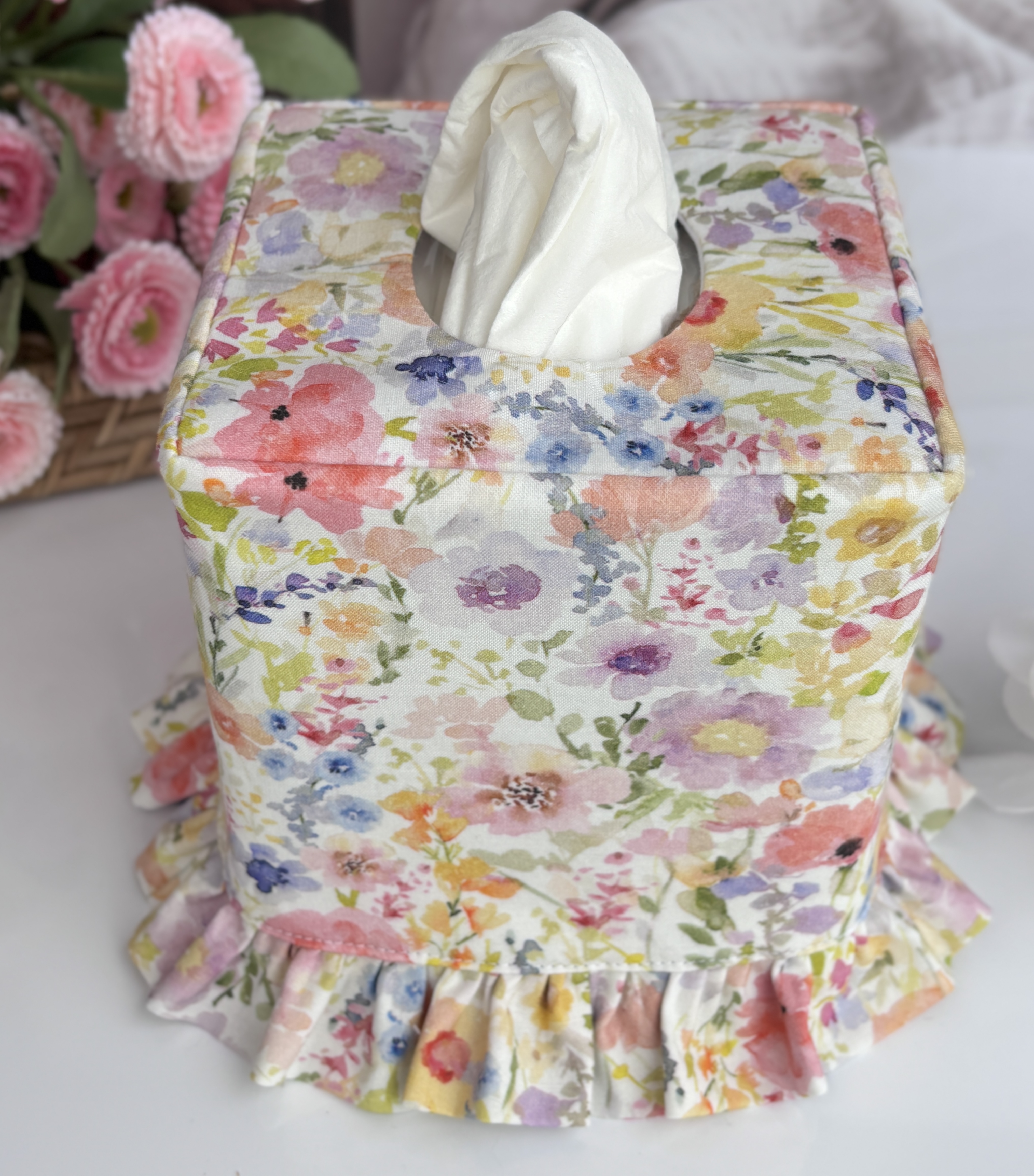 Handmade Floral Tissue Box Cover with Ruffle | Elegant Fabric Tissue Holder