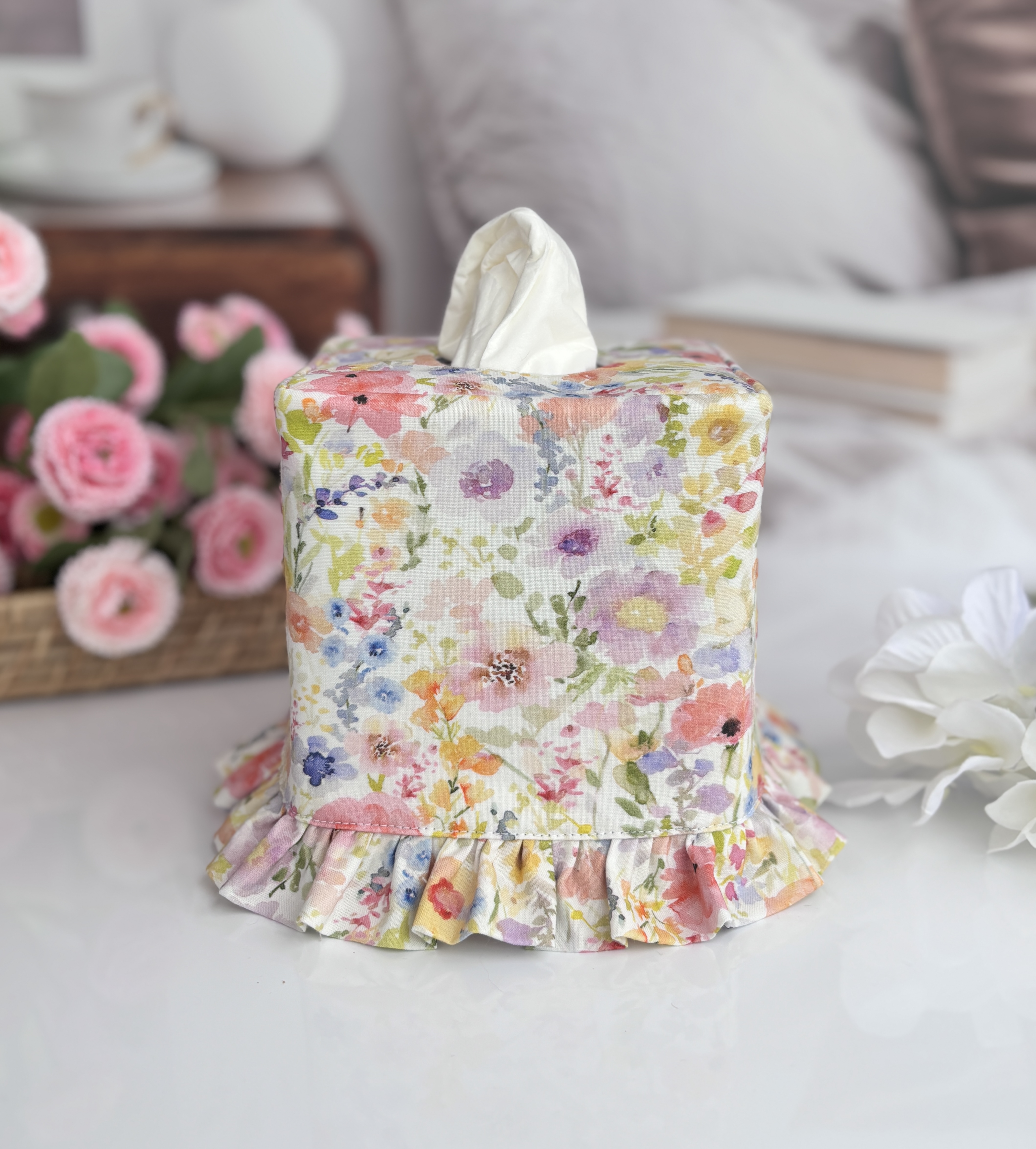Handmade Floral Tissue Box Cover with Ruffle | Elegant Fabric Tissue Holder