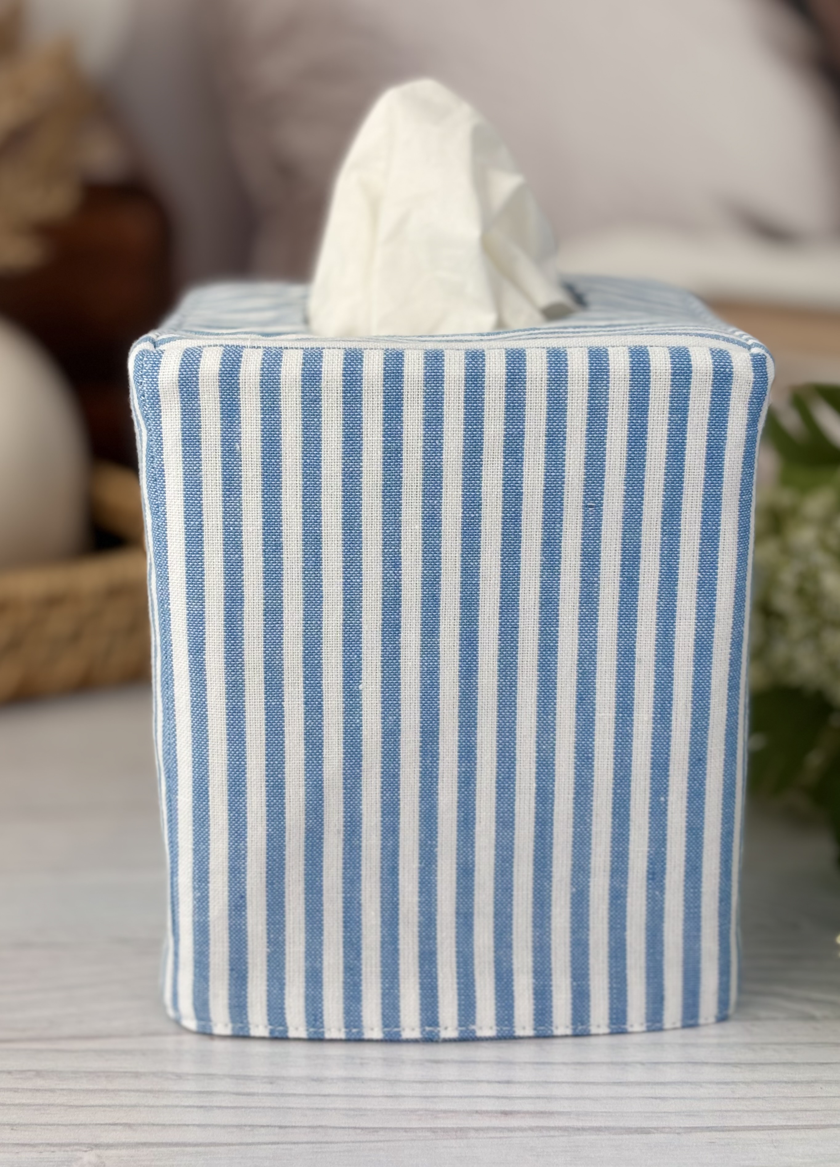 Blue and white stripe cotton reversible tissue box cover