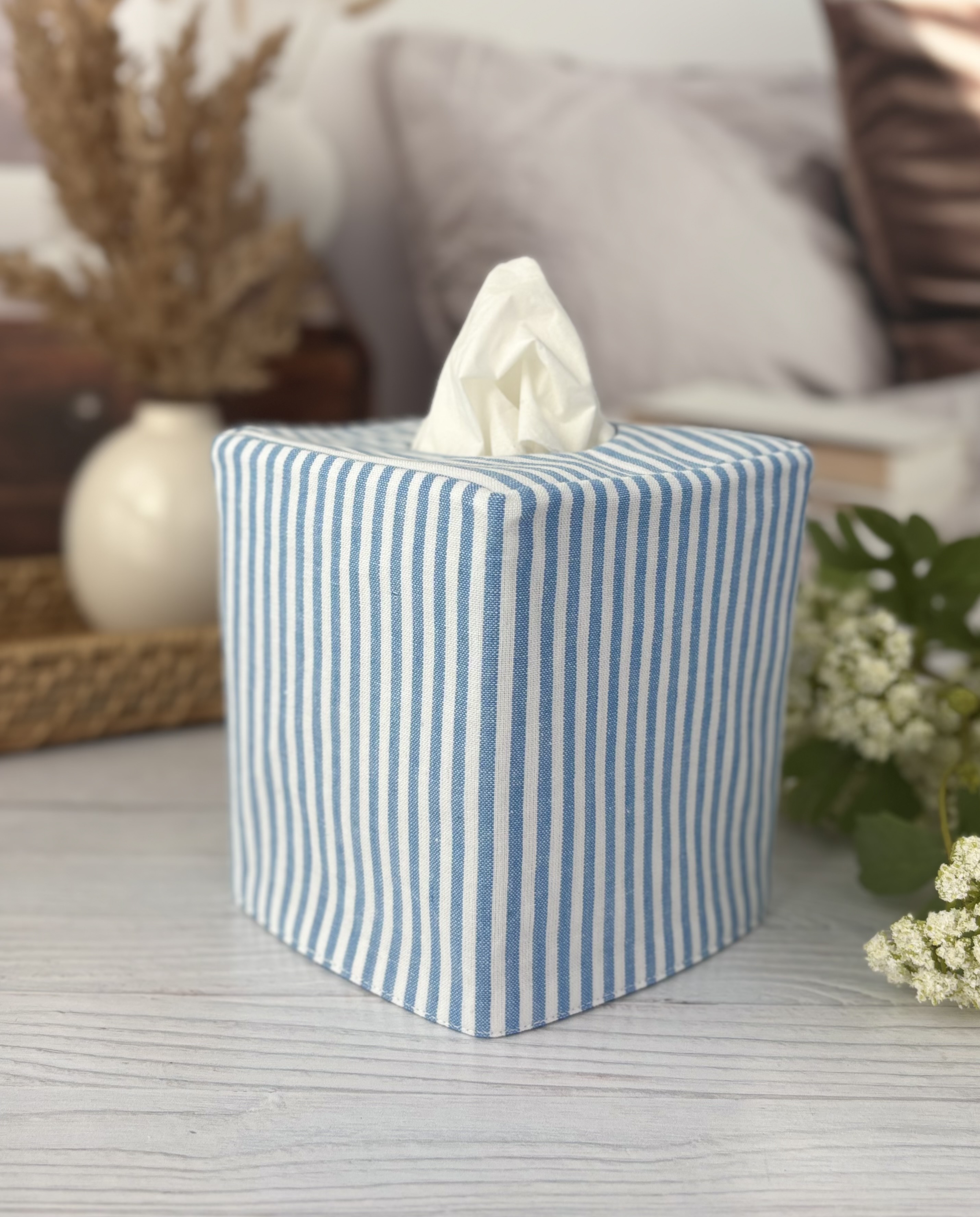 Blue and white stripe cotton reversible tissue box cover
