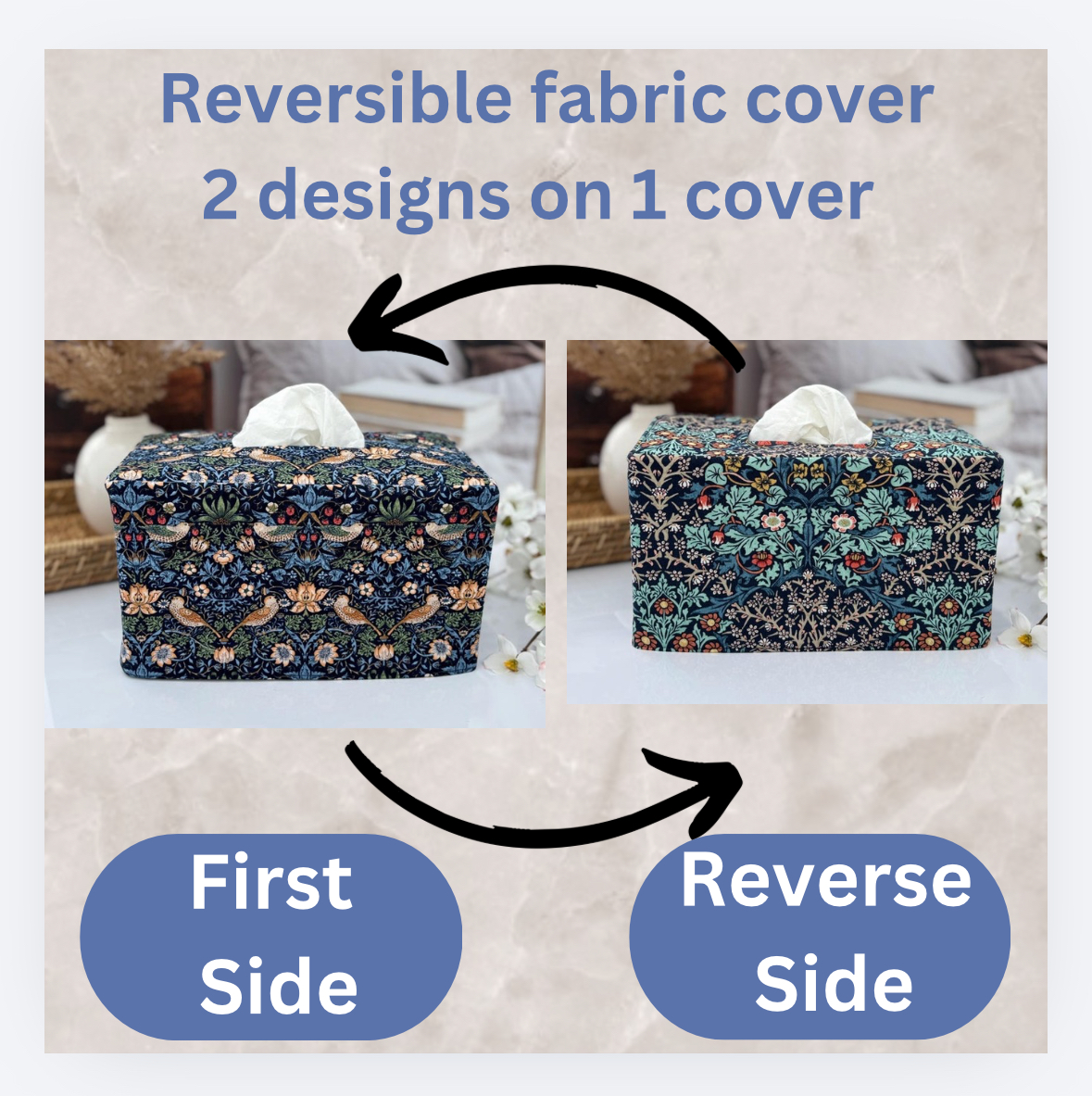 Birds in navy reversible rectangle tissue box cover