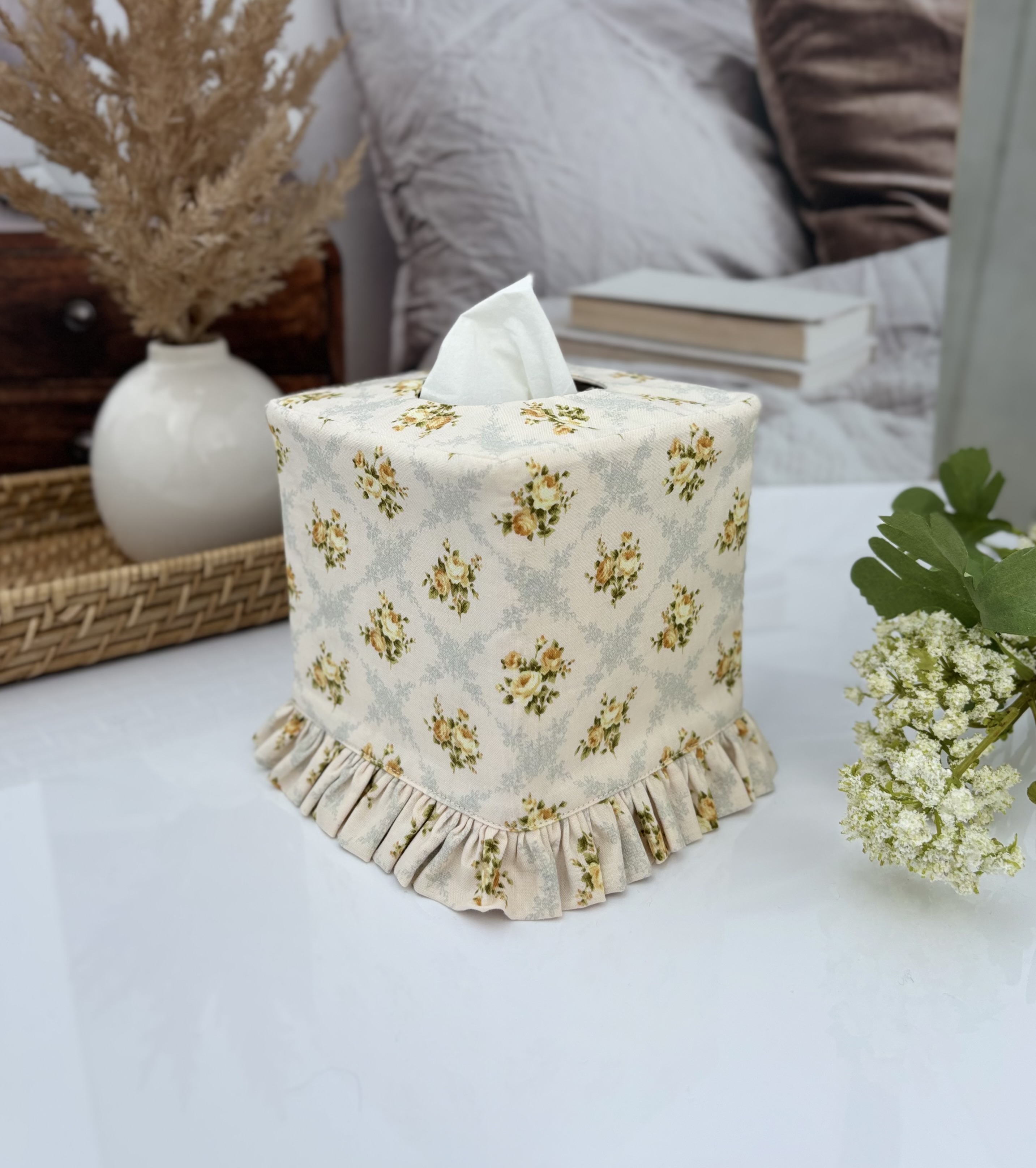 Handmade Shabby Chic Tissue Box Cover with Ruffle – Yellow Roses & Blue Victorian Floral Decor