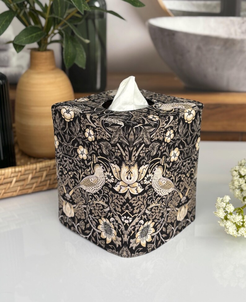 Birds in black reversible tissue box cover