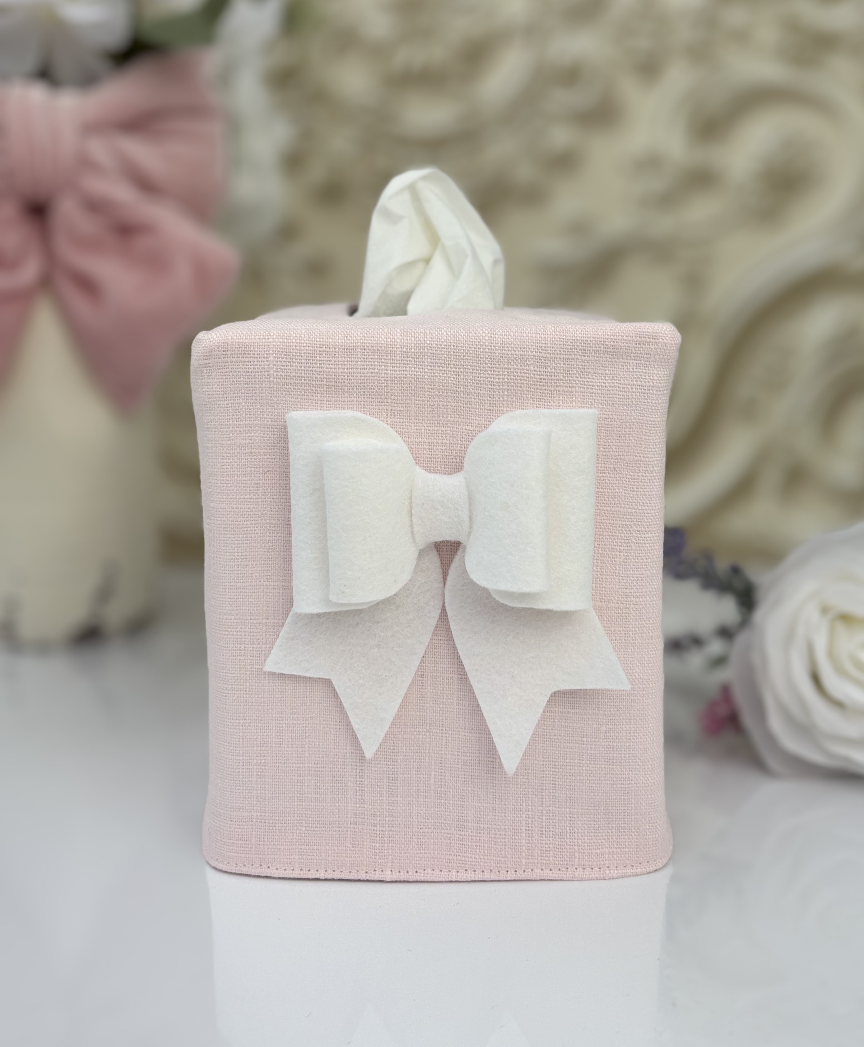  Linen Tissue Box Cover with Felt Bow | Handmade Décor