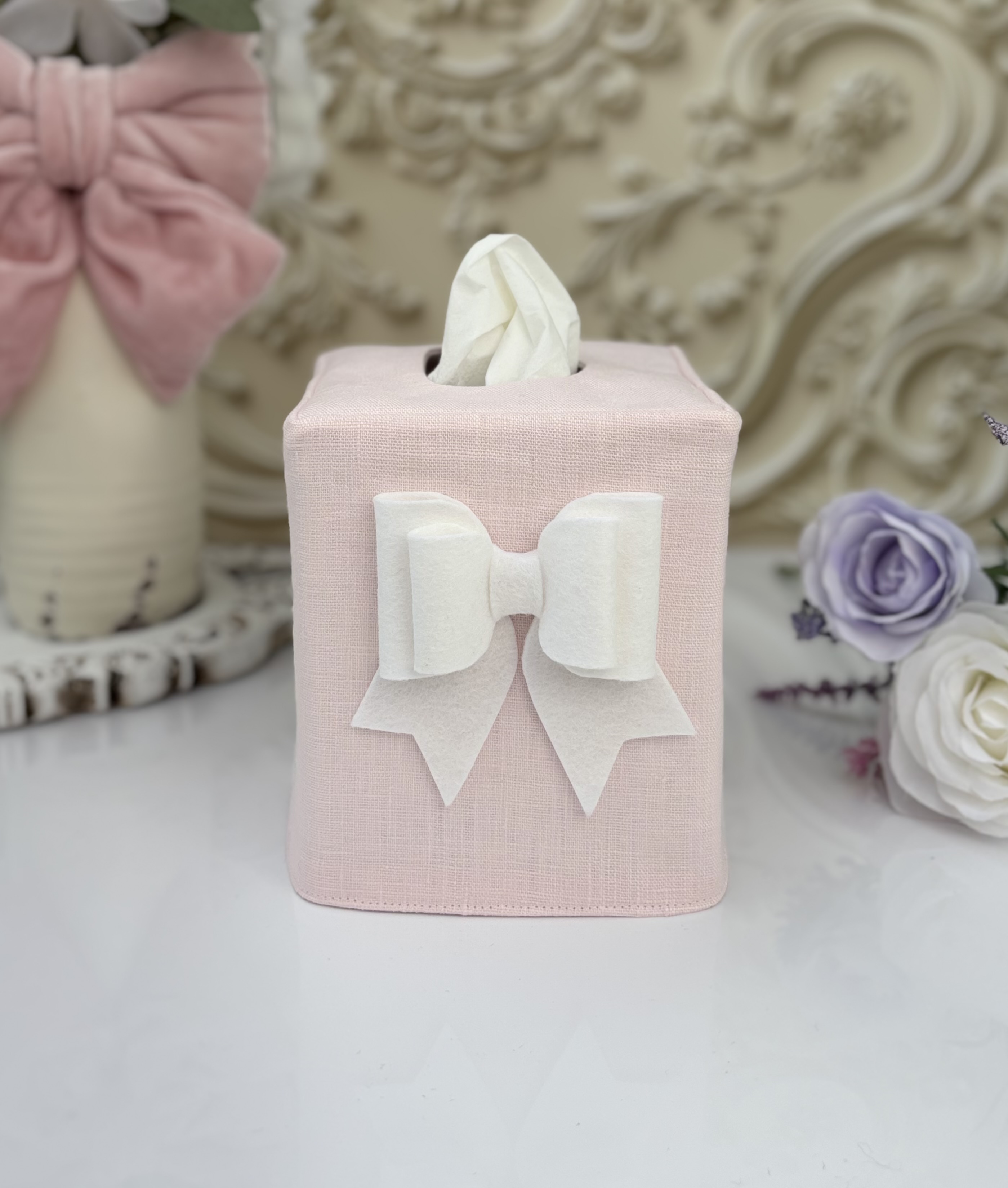  Linen Tissue Box Cover with Felt Bow | Handmade Décor
