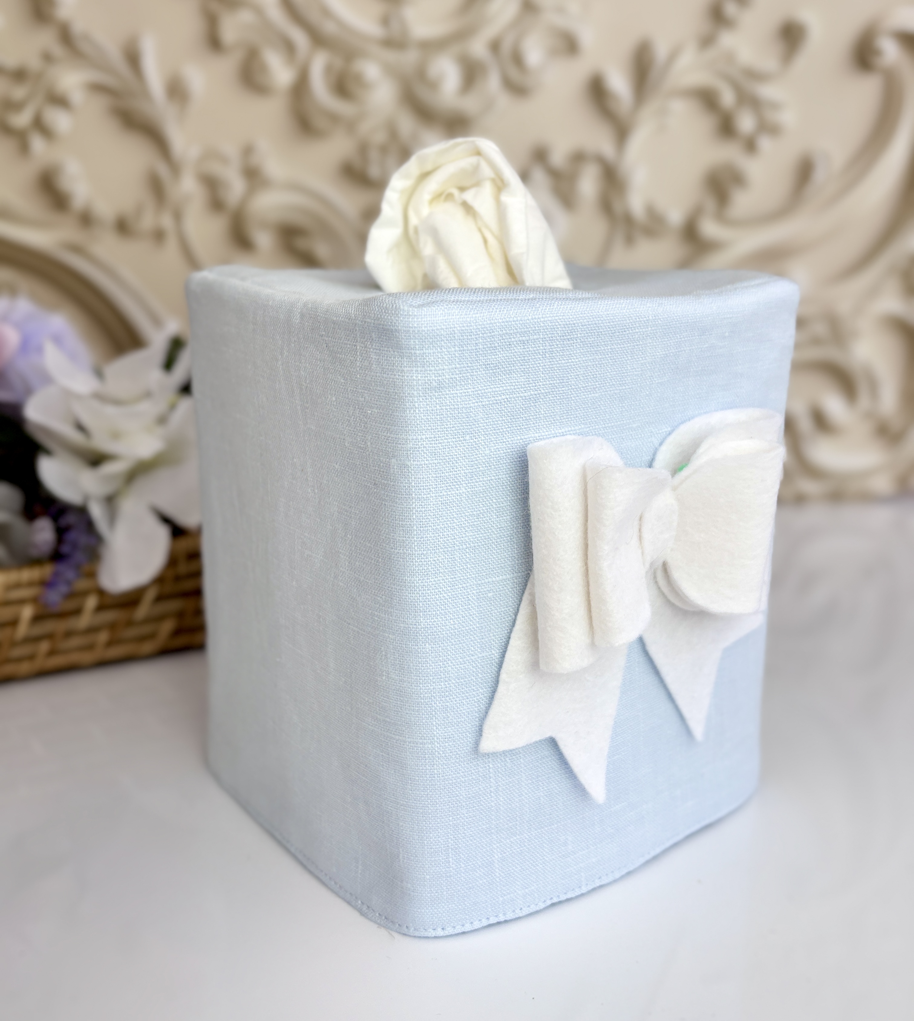 Blue Linen Tissue Box Cover with Felt Bow  | Handmade Décor