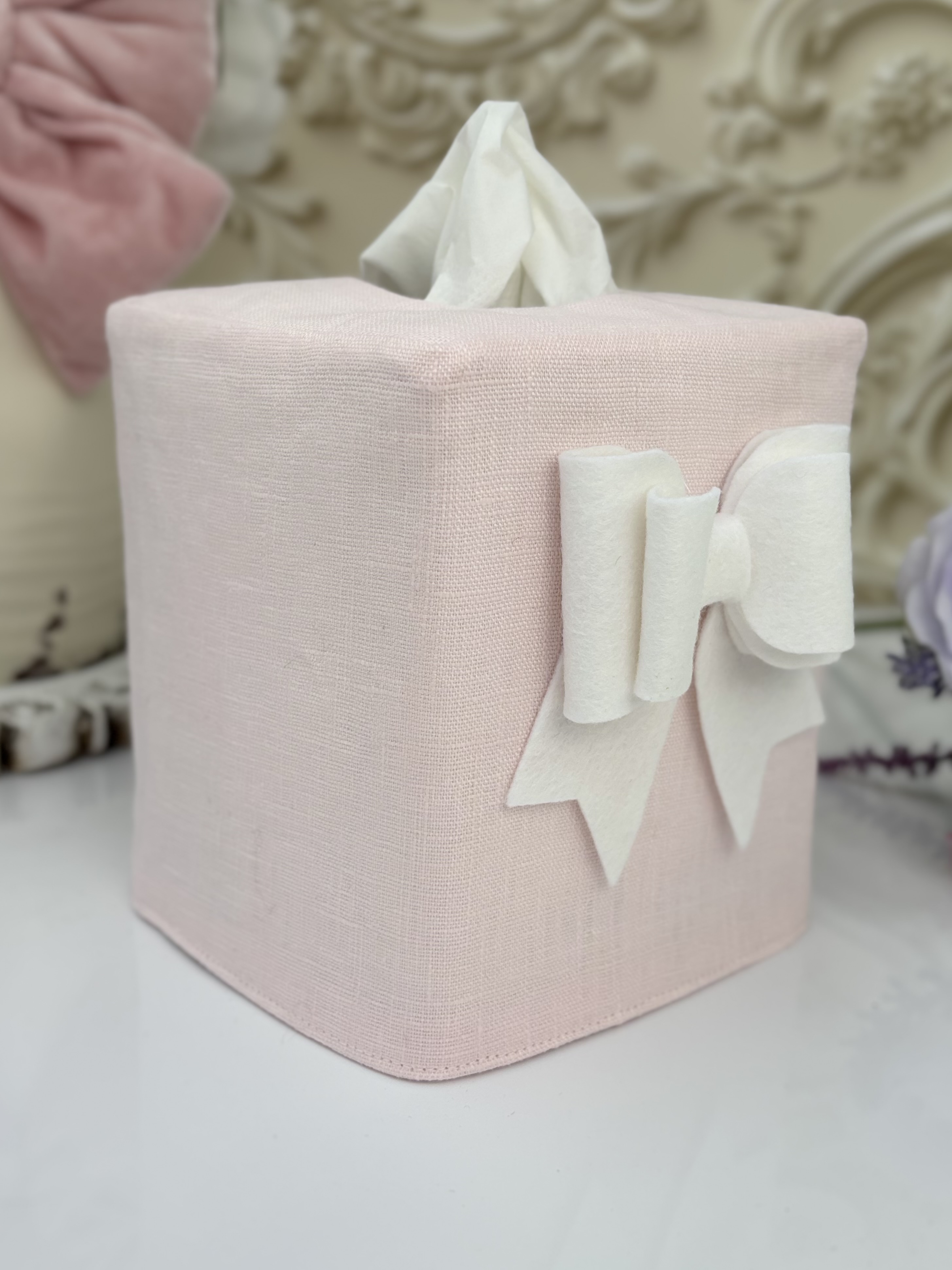  Linen Tissue Box Cover with Felt Bow | Handmade Décor