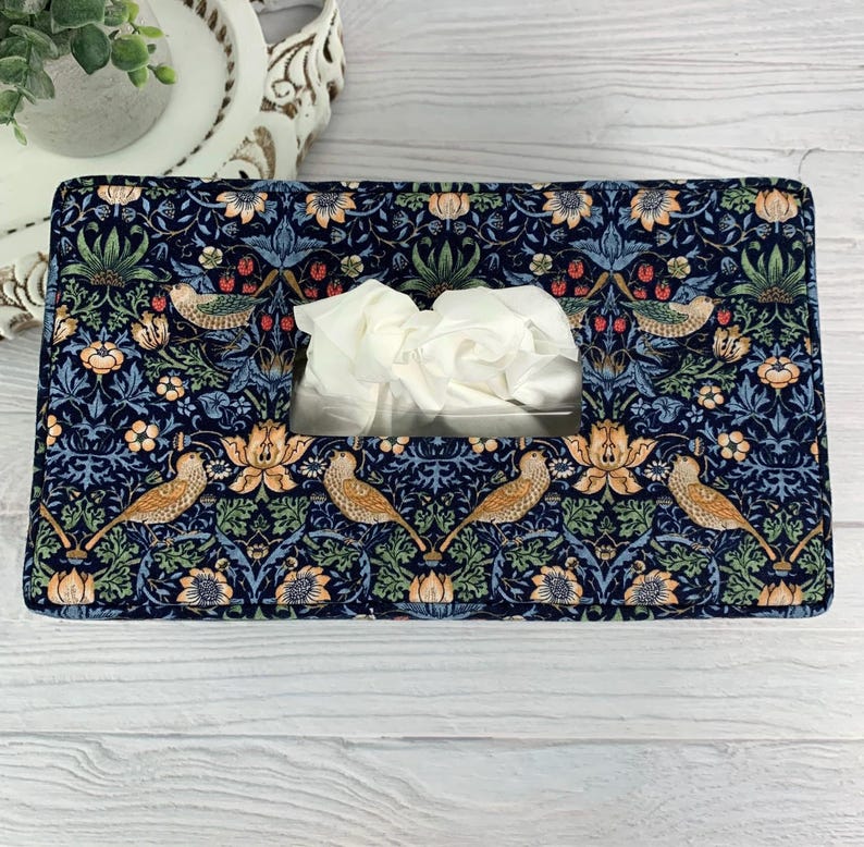Birds in navy reversible rectangle tissue box cover