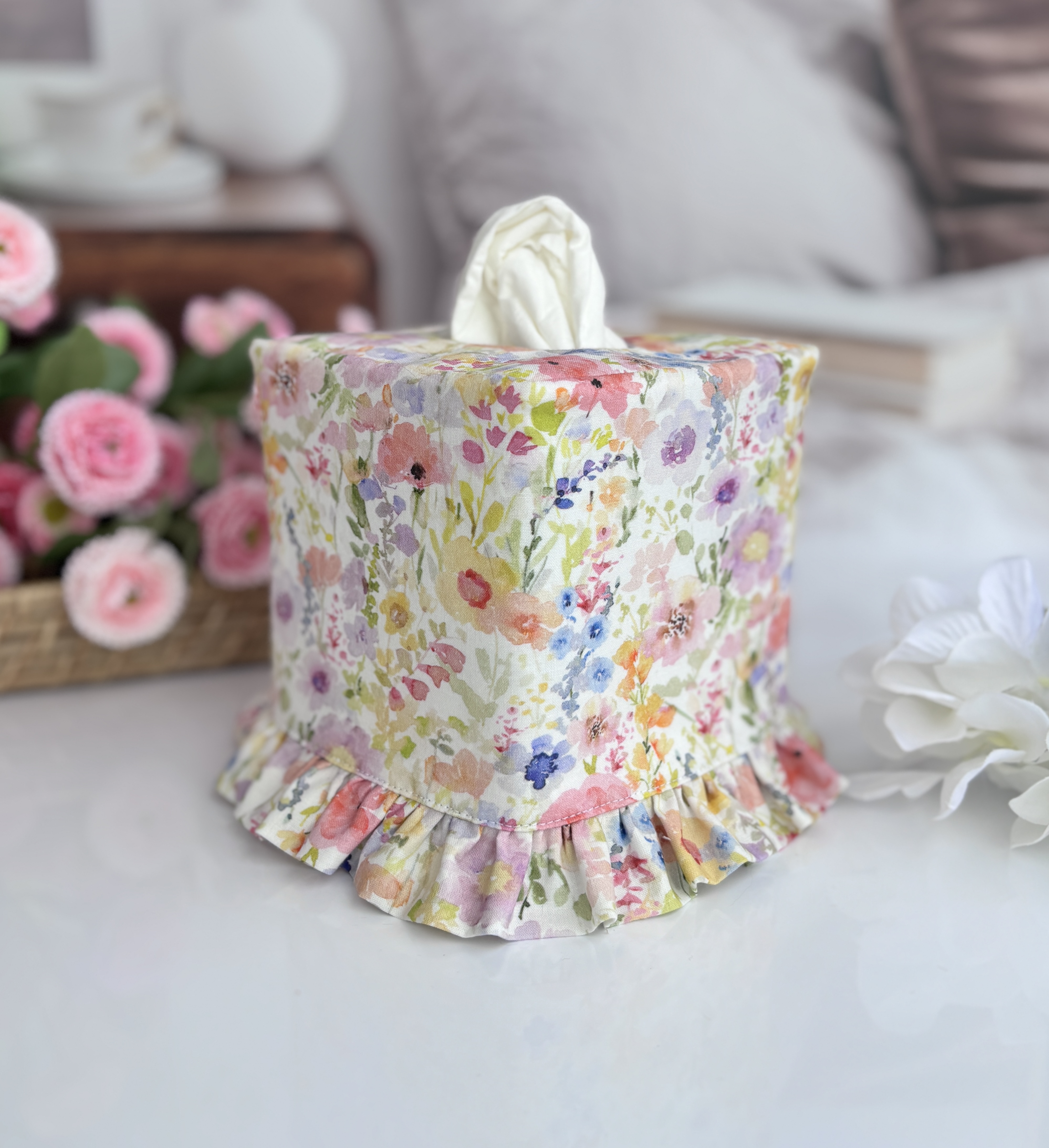Handmade Floral Tissue Box Cover with Ruffle | Elegant Fabric Tissue Holder