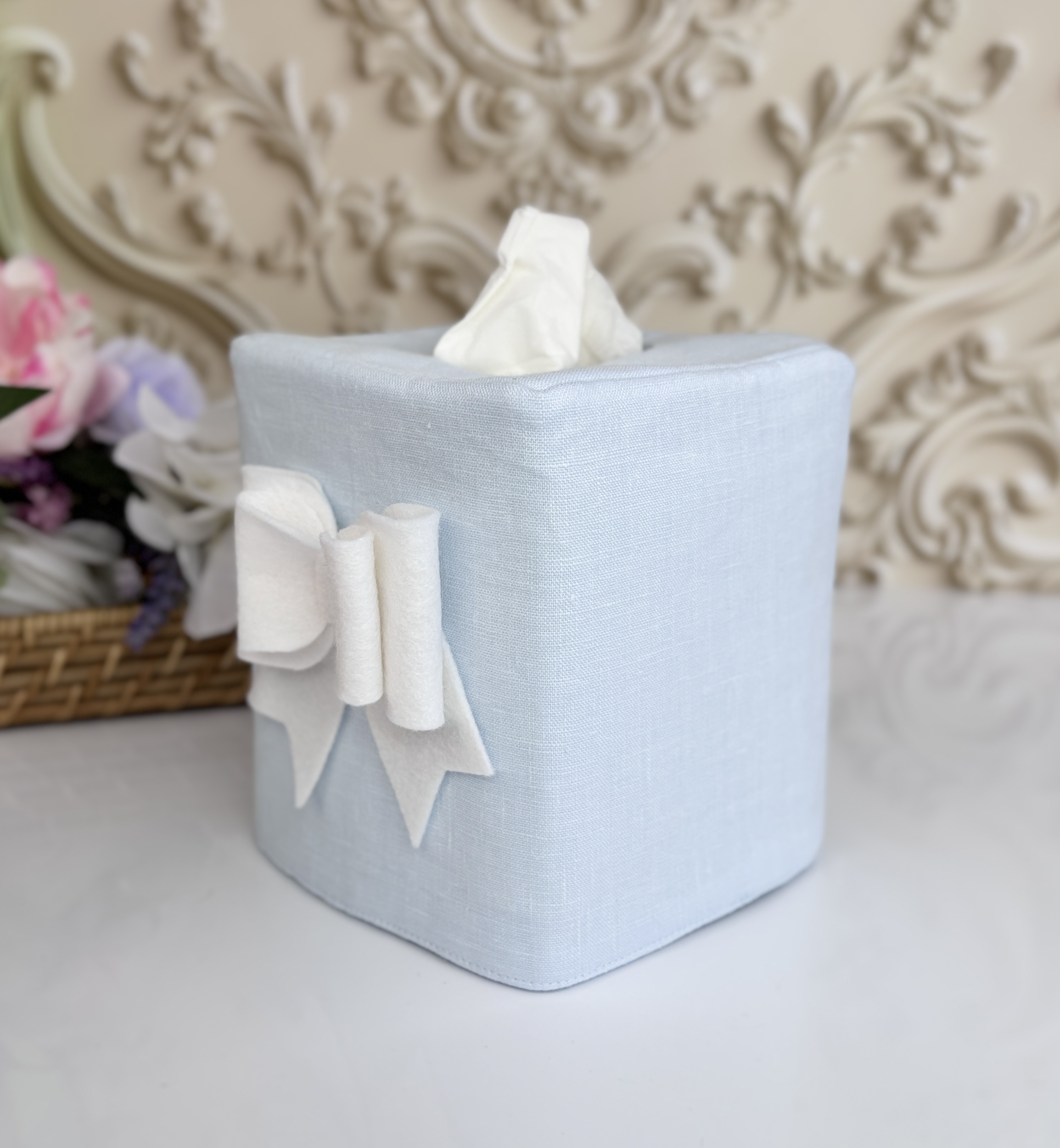 Blue Linen Tissue Box Cover with Felt Bow  | Handmade Décor