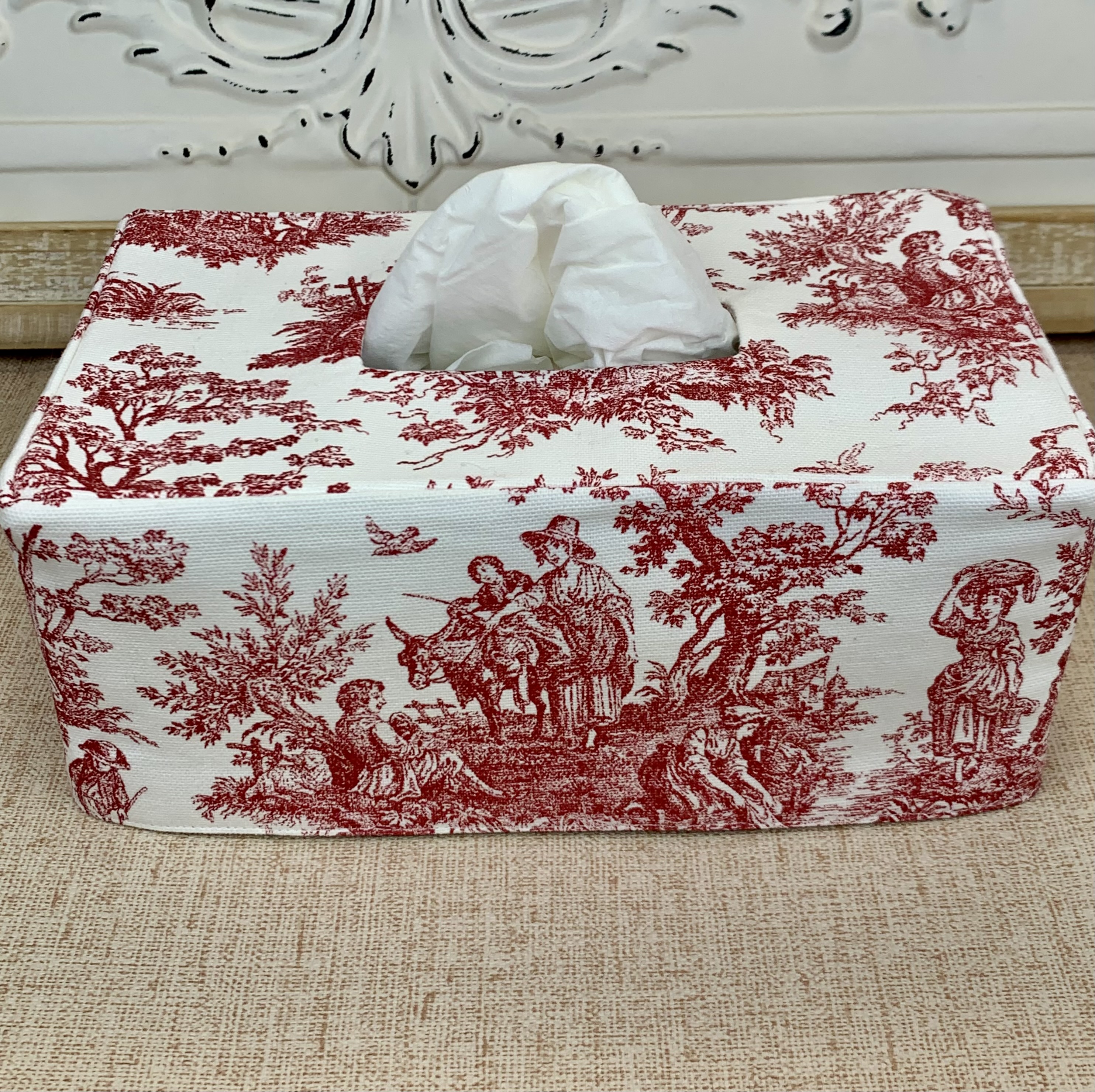 Red and white toile reversible rectangle tissue box cover
