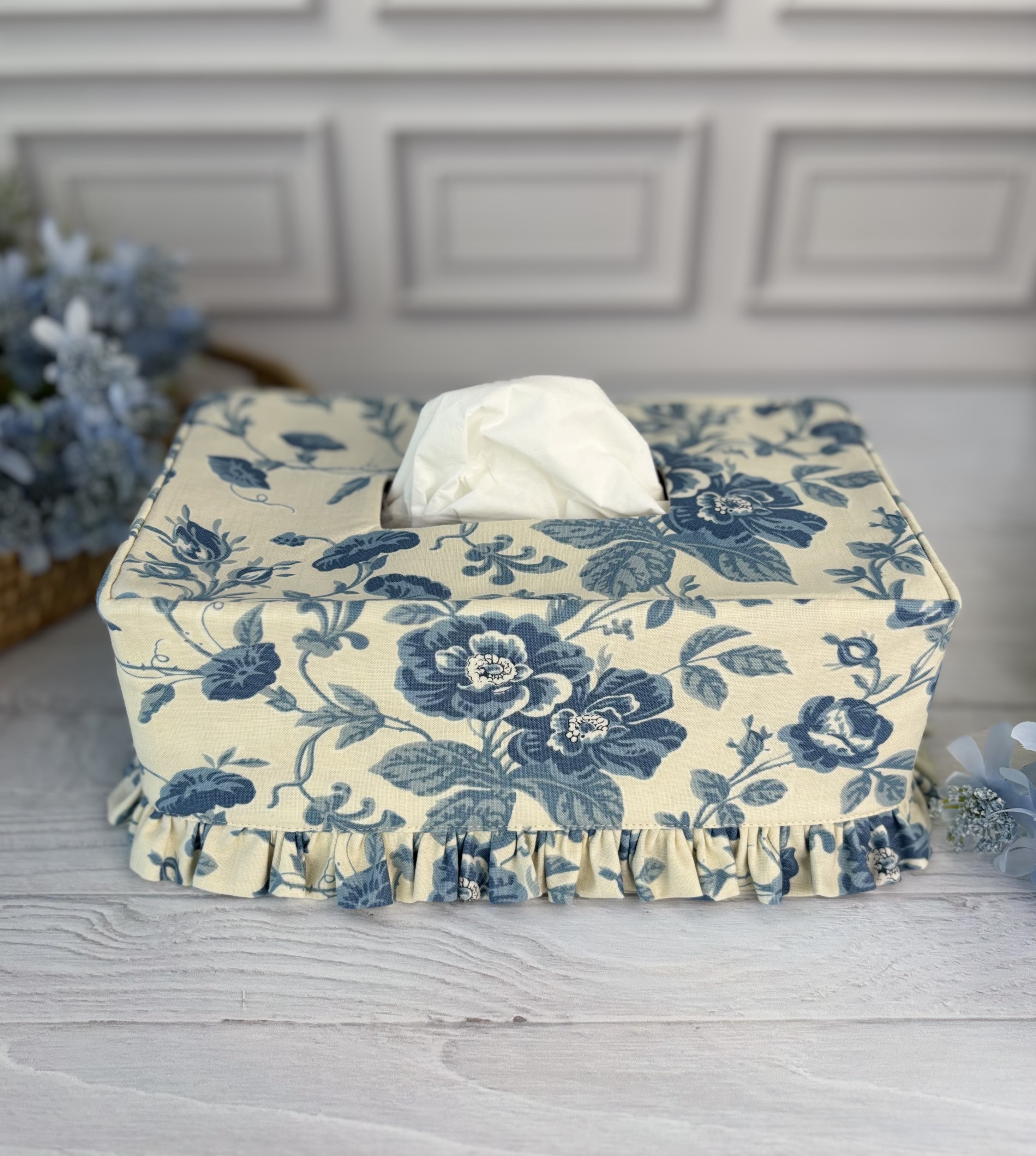 French blue cotton ruffle rectangle tissue box cover