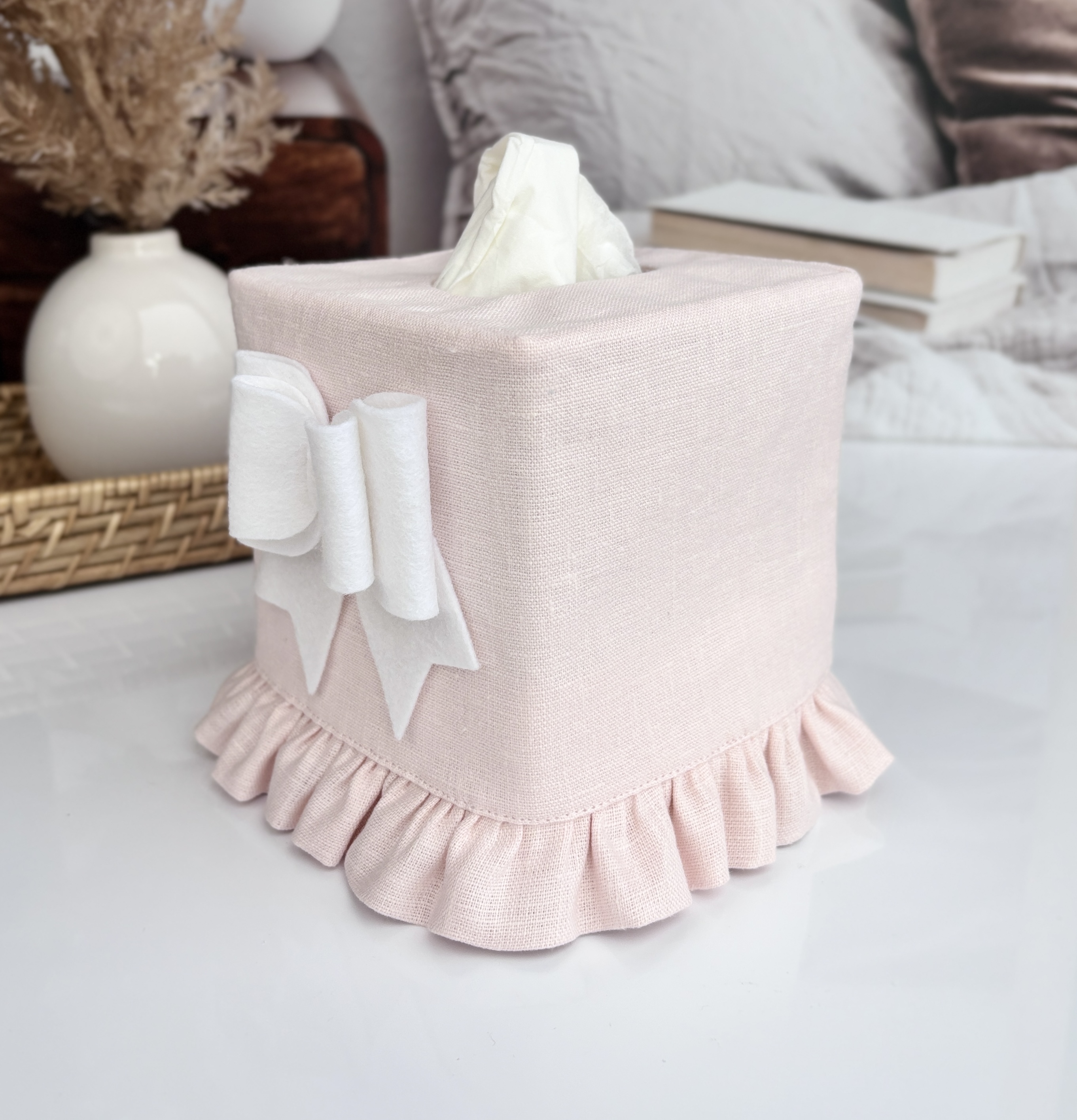 Light Pink Linen Tissue Box Cover with Felt Bow & Ruffle | Handmade Décor