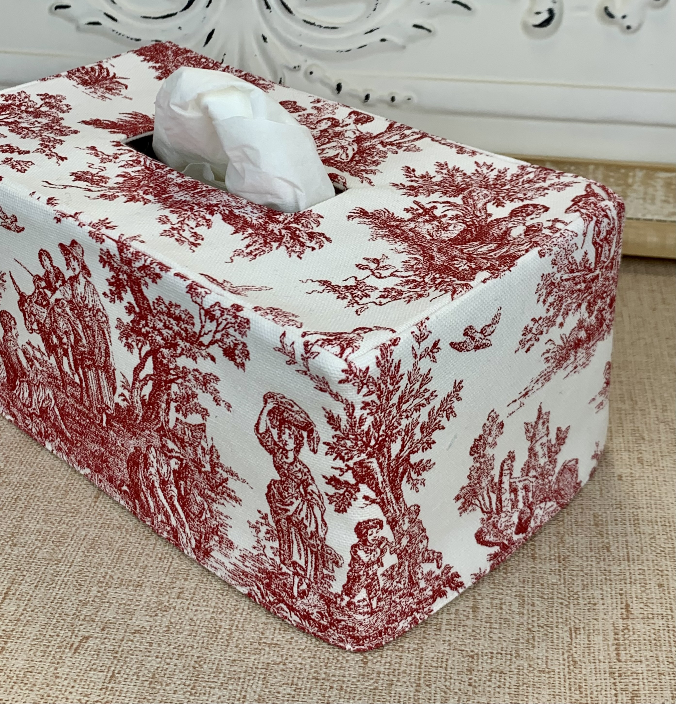 Red and white toile reversible rectangle tissue box cover