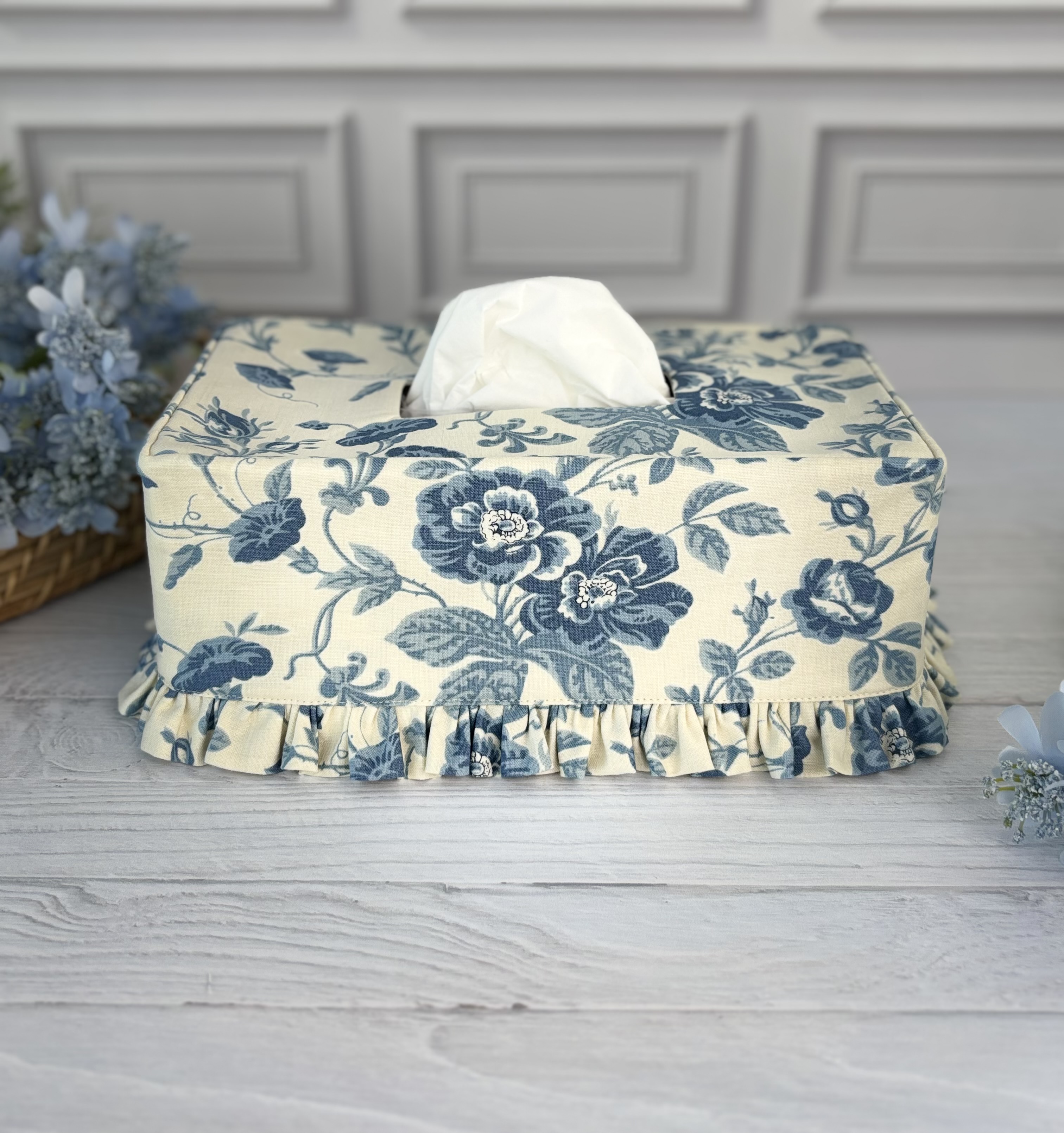 French blue cotton ruffle rectangle tissue box cover