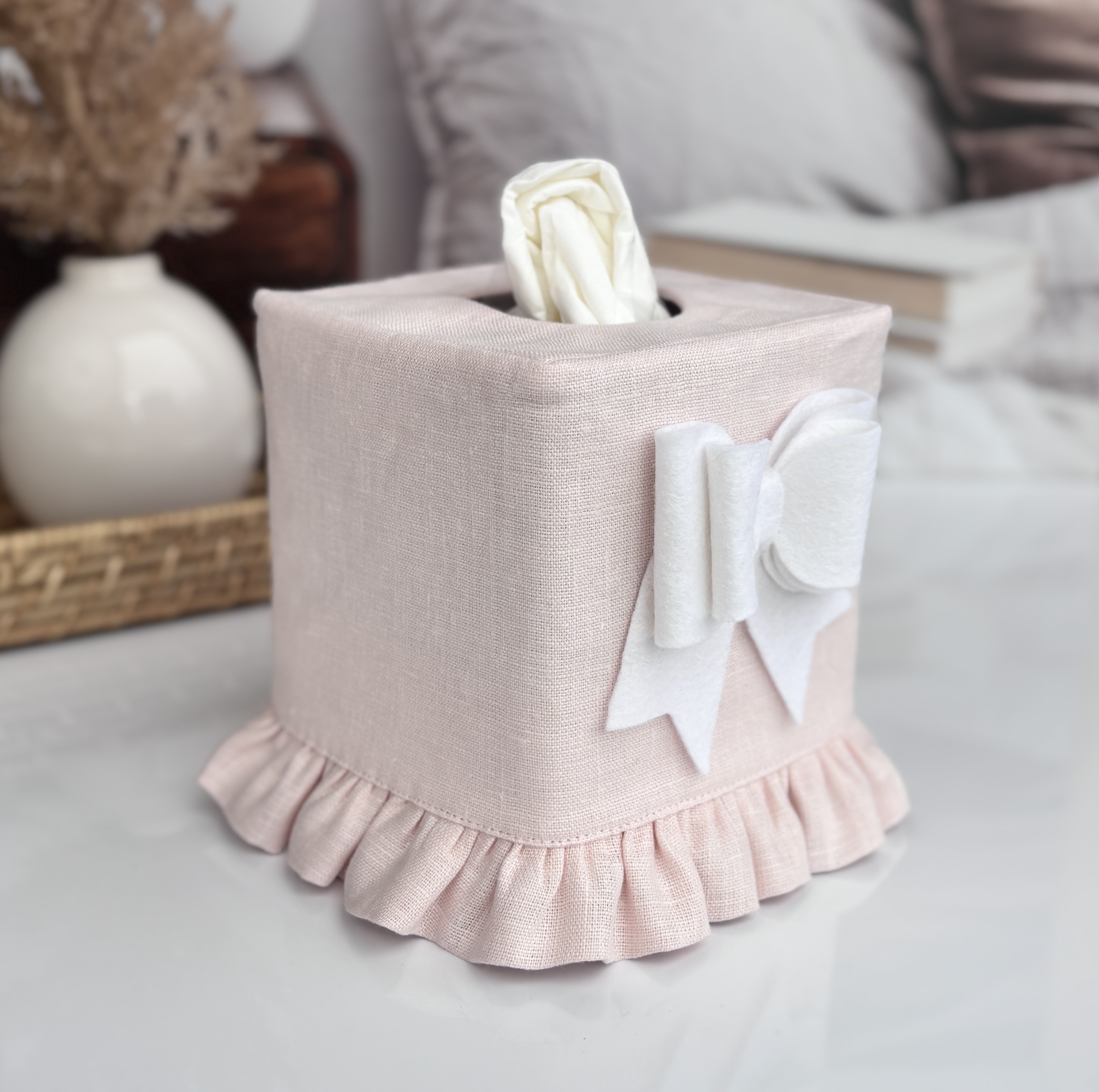 Light Pink Linen Tissue Box Cover with Felt Bow & Ruffle | Handmade Décor