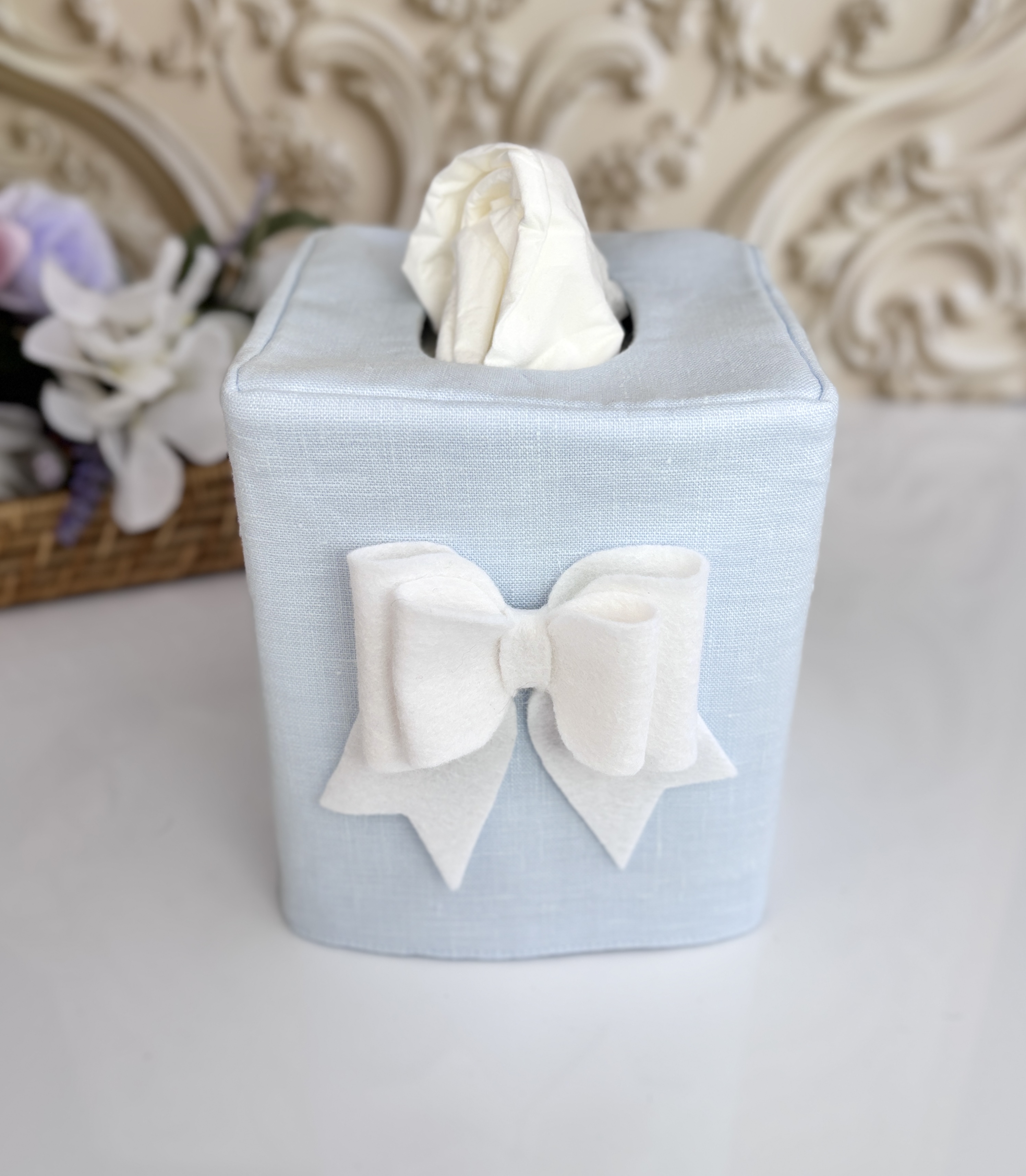 Blue Linen Tissue Box Cover with Felt Bow  | Handmade Décor