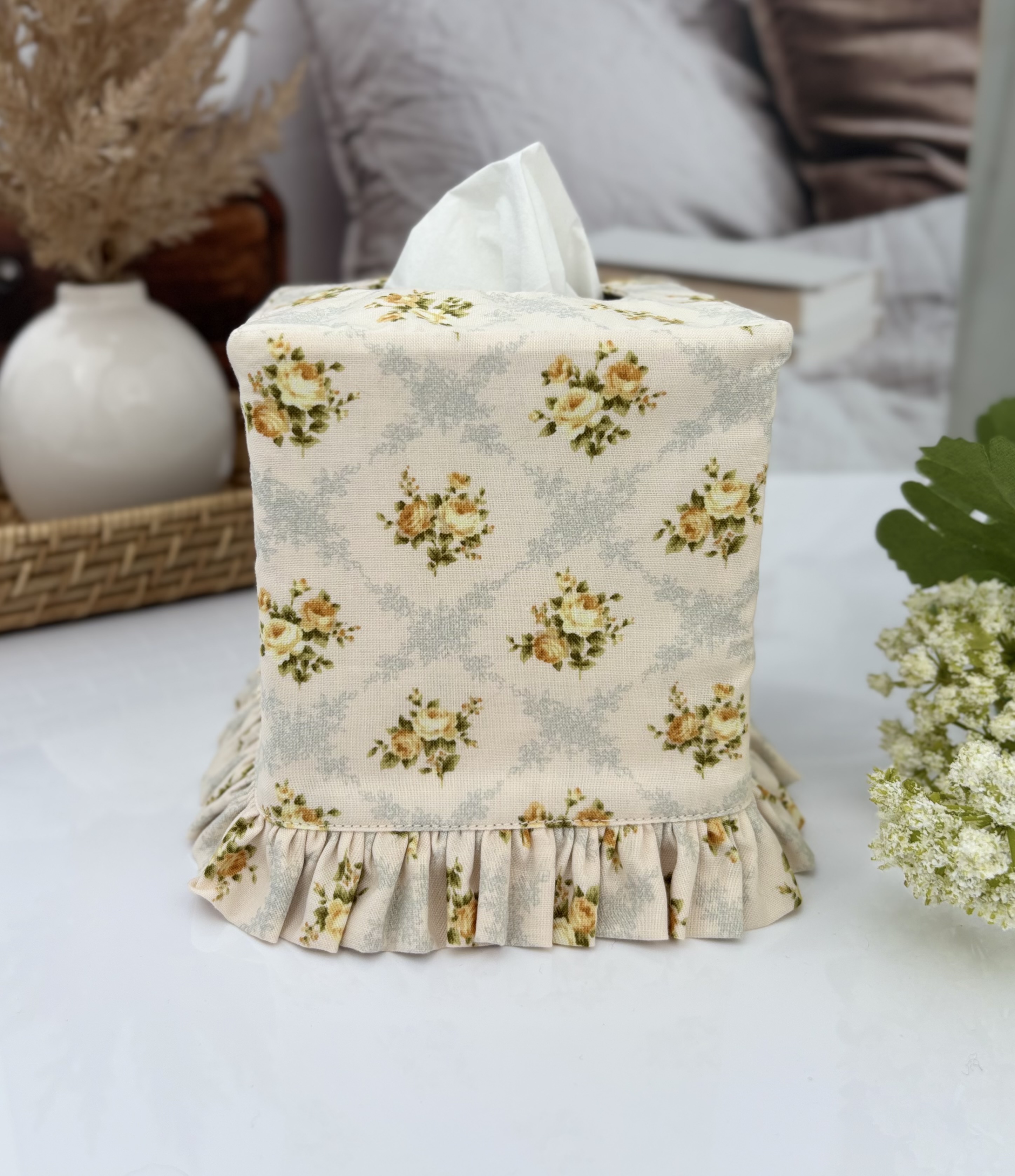 Handmade Shabby Chic Tissue Box Cover with Ruffle – Yellow Roses & Blue Victorian Floral Decor