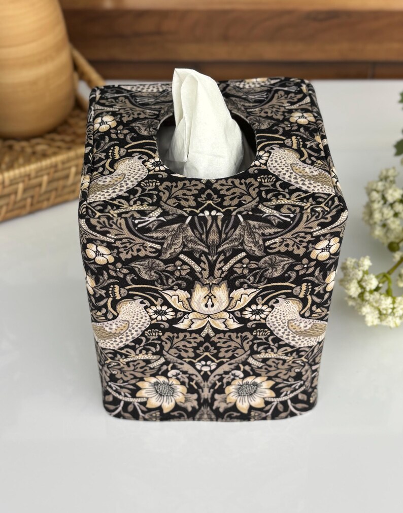 Birds in black reversible tissue box cover