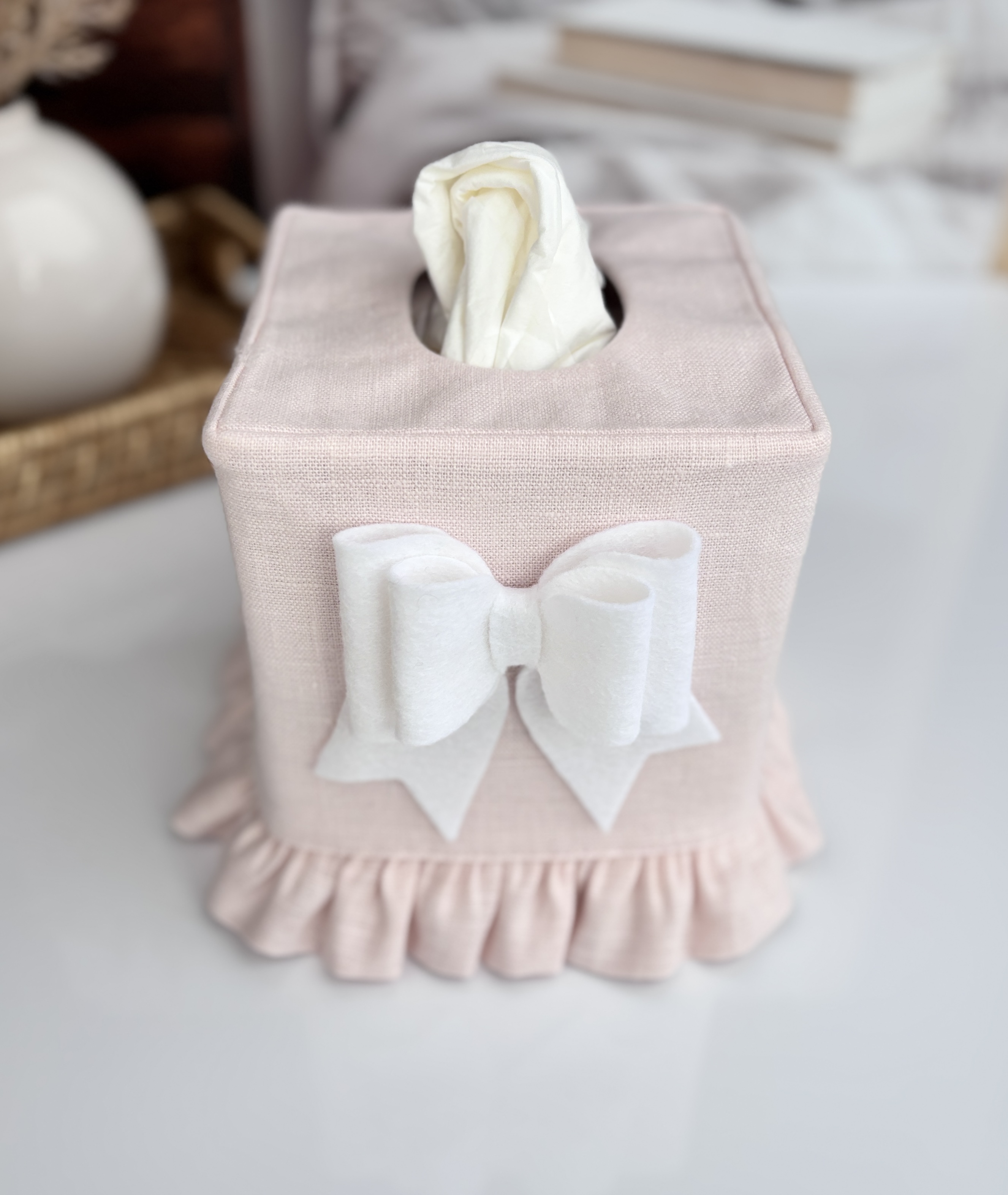 Light Pink Linen Tissue Box Cover with Felt Bow & Ruffle | Handmade Décor