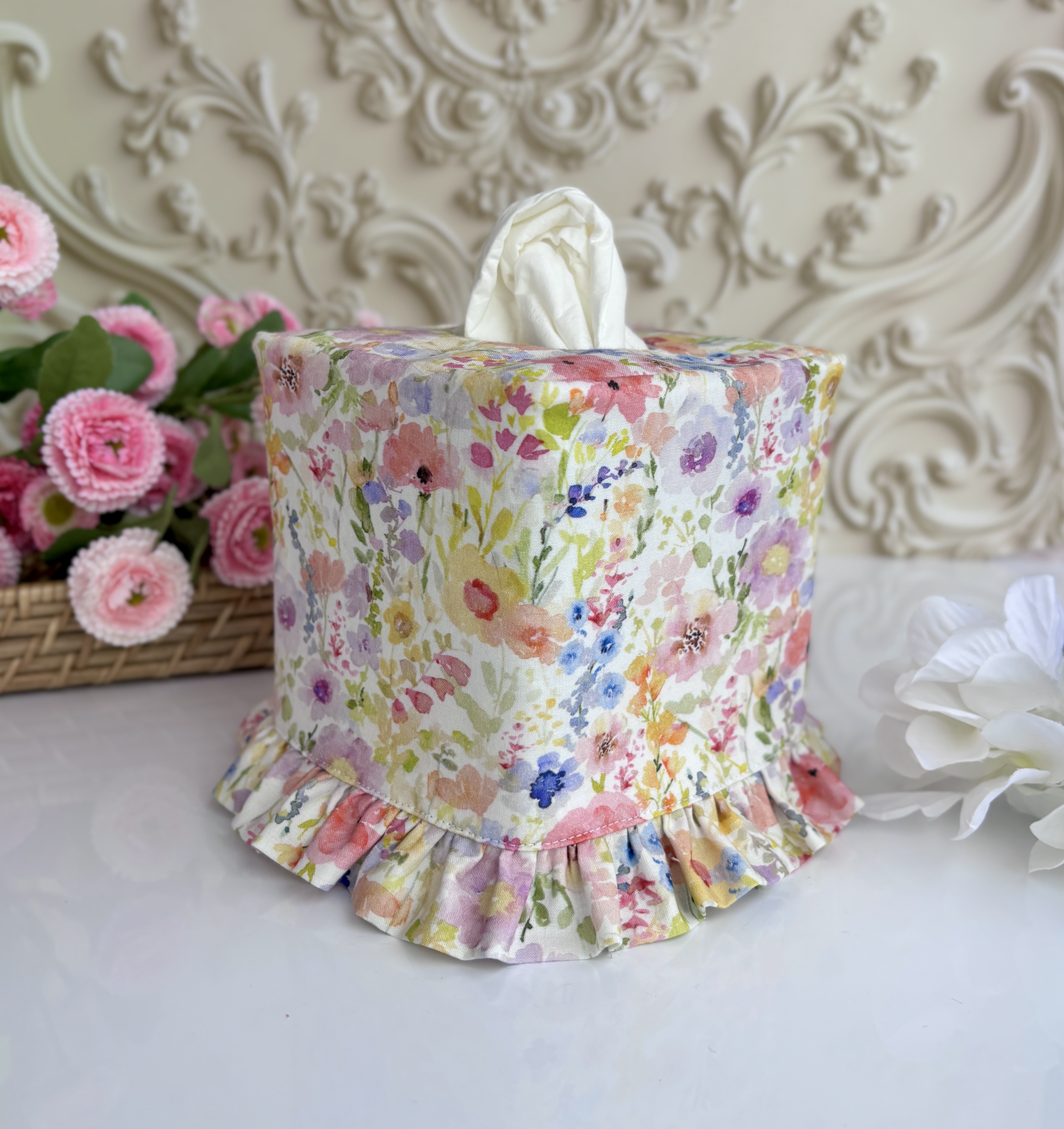 Handmade Floral Tissue Box Cover with Ruffle | Elegant Fabric Tissue Holder