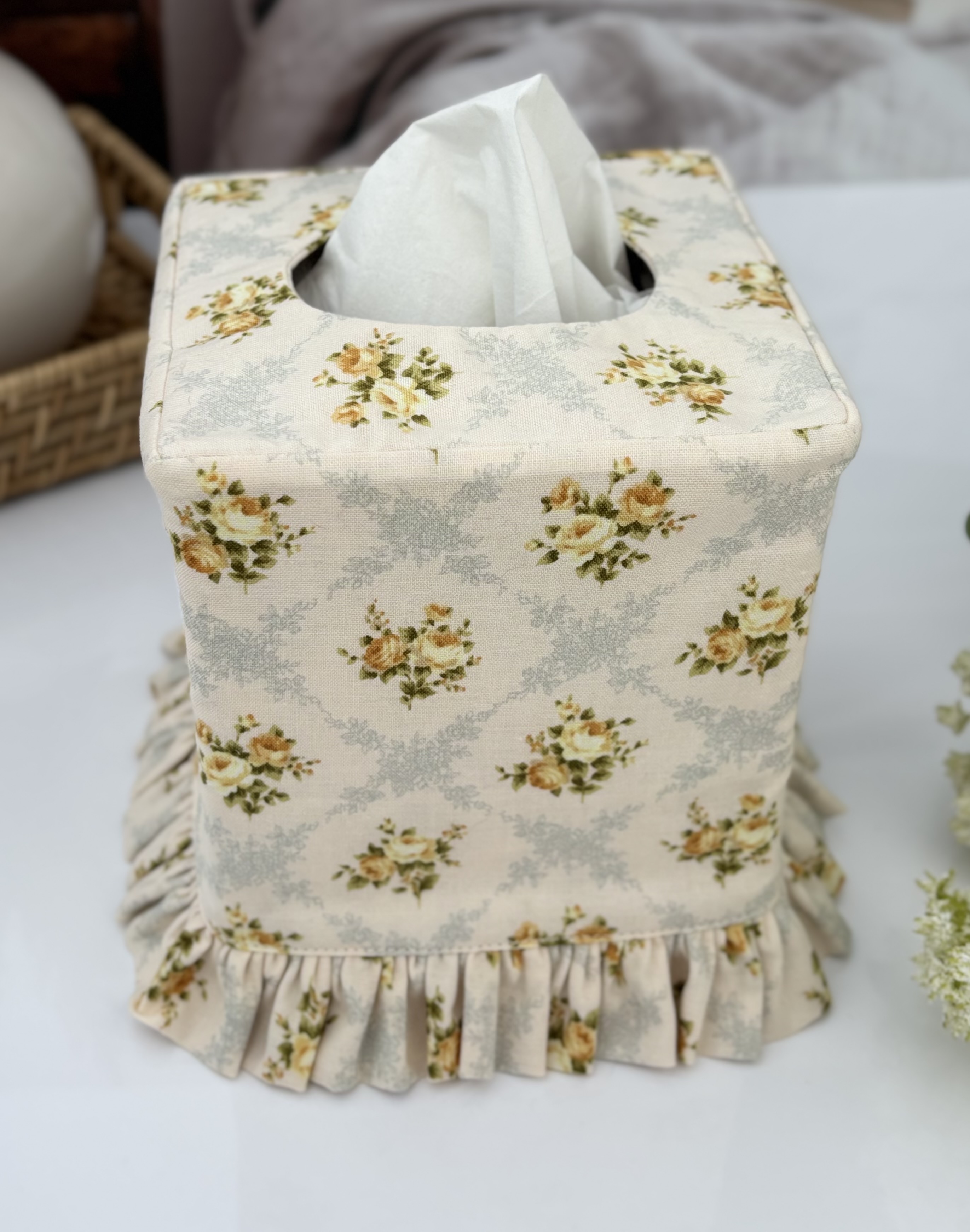 Handmade Shabby Chic Tissue Box Cover with Ruffle – Yellow Roses & Blue Victorian Floral Decor