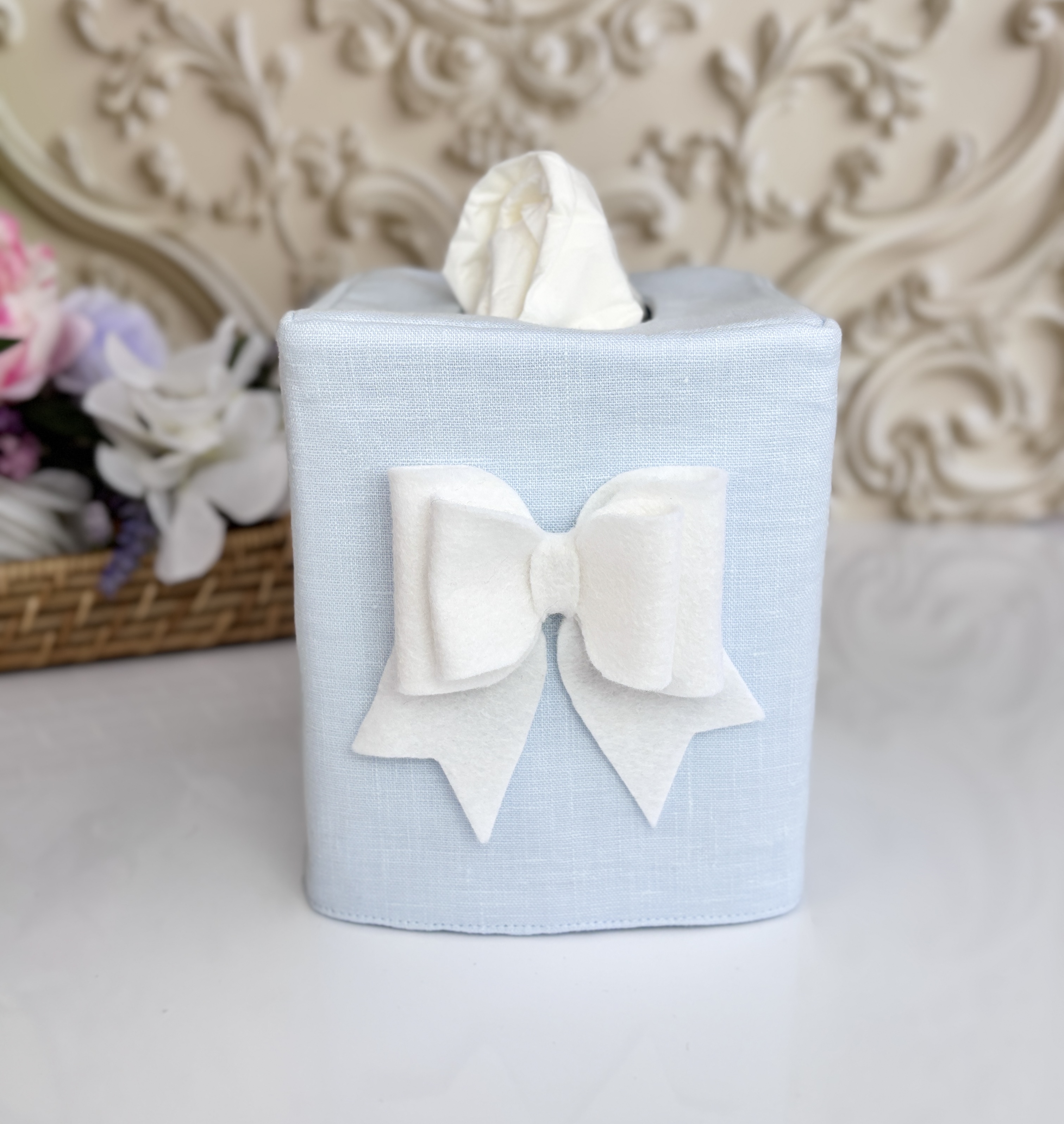 Blue Linen Tissue Box Cover with Felt Bow  | Handmade Décor