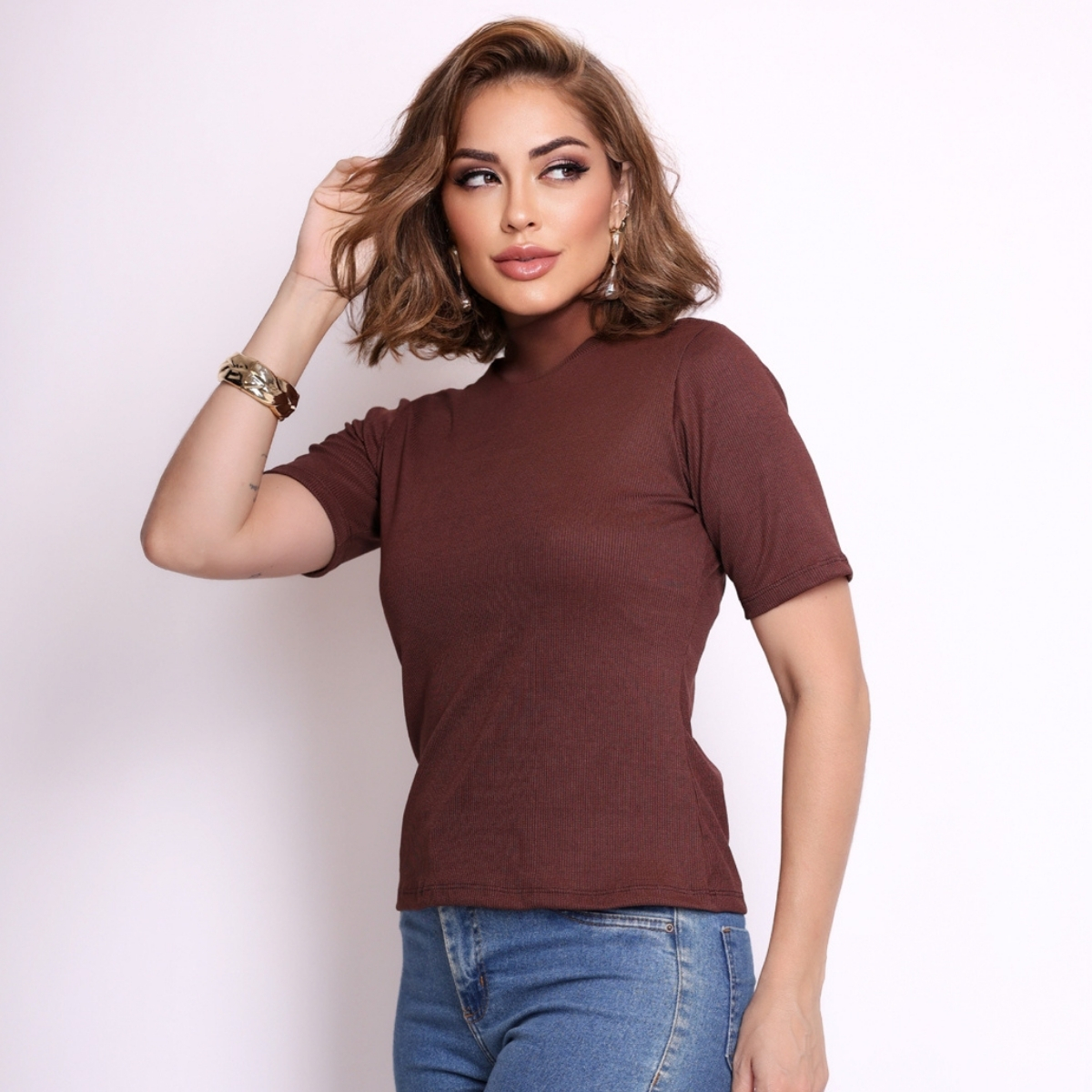 Blusa Canelada Gola Alta Feminina 