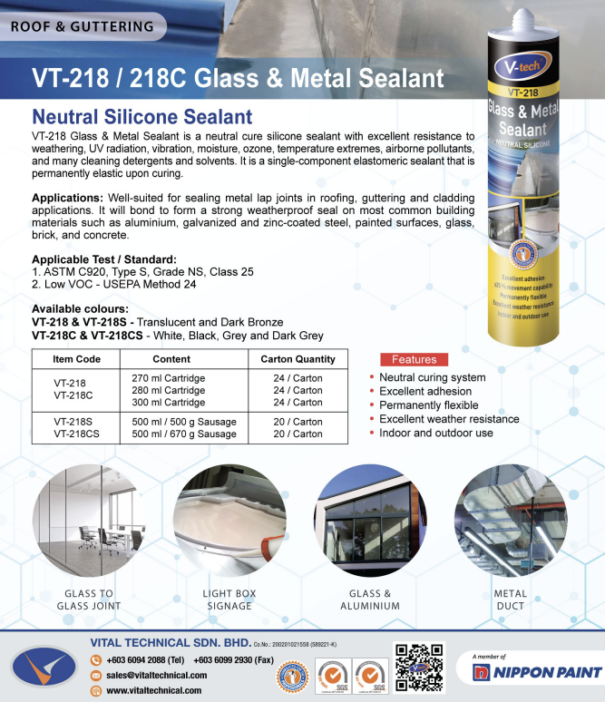V TECH BY NIPPON PAINT - VT 218 - SEALANT SILICONE GLASS & METAL - NETRAL