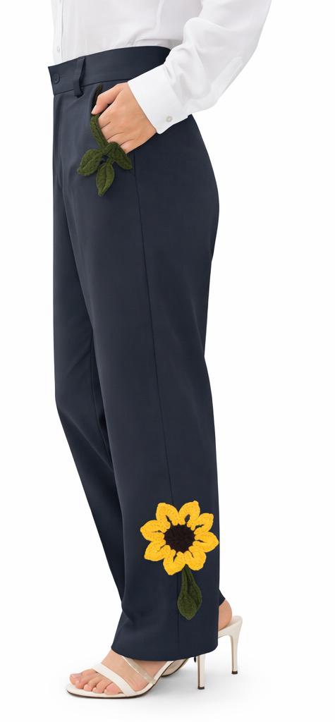 Sunflower Crochet-Embellished Tailored Pants
