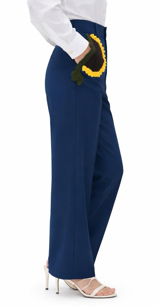 Sunflower Crochet-Embellished Tailored Pants